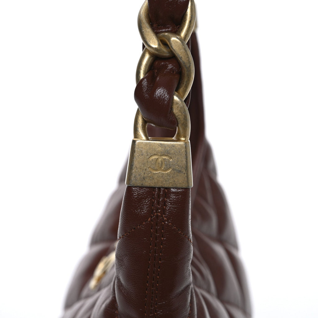 Shiny Crumpled Lambskin Quilted Small CC Funky Town Hobo Brown