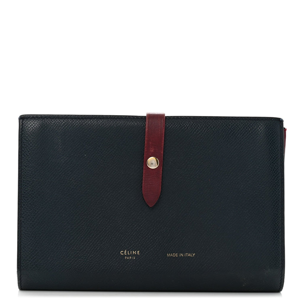 Grained Shiny Calfskin Large Multifunction Strap Wallet Steel Blue