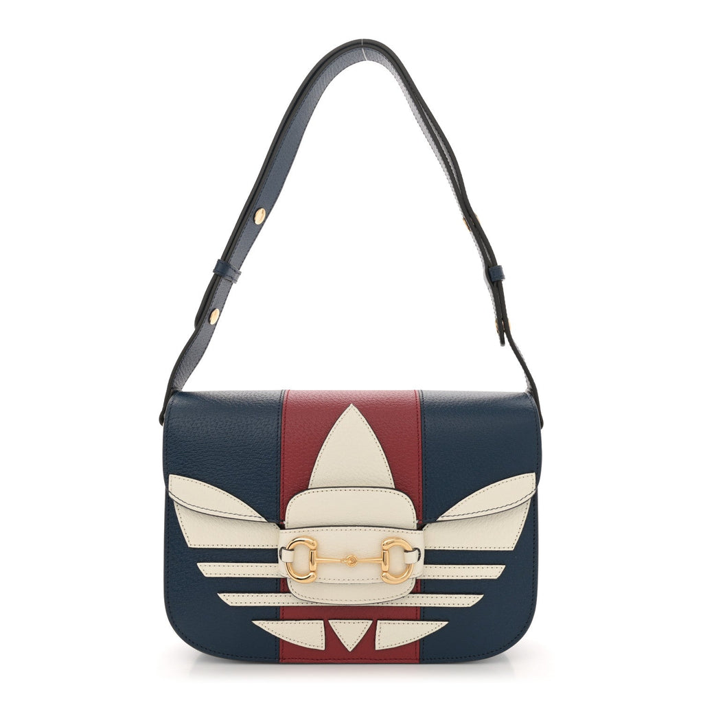 X ADIDAS Textured Dollar Calfskin Web Trefoil Mini Horsebit 1955 Shoulder Bag Navy Blue Red