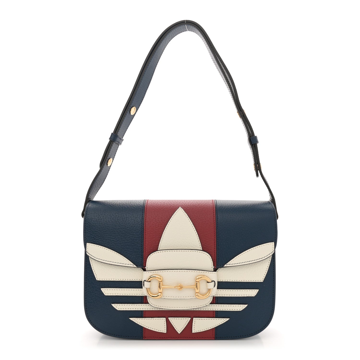 X ADIDAS Textured Dollar Calfskin Web Trefoil Mini Horsebit 1955 Shoulder Bag Navy Blue Red