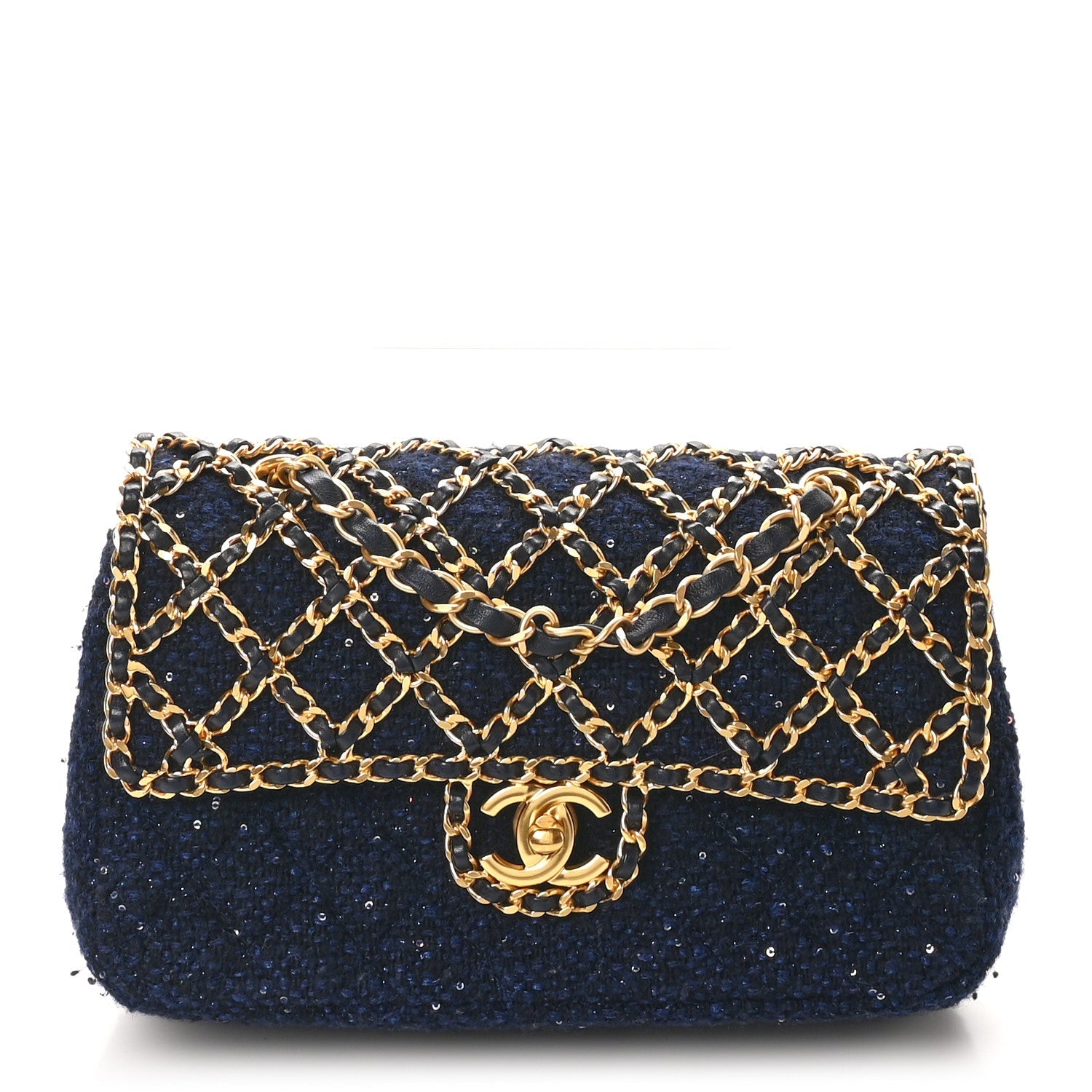 Tweed Sequin Timeless Classic Chained Double Flap Navy Blue