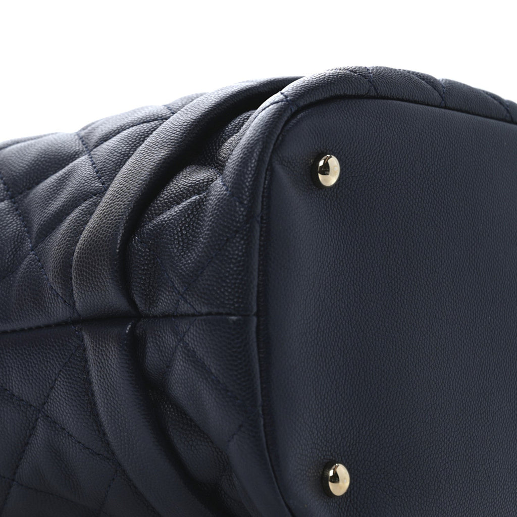 Caviar Quilted Large Rolled Up Bucket Drawstring Bag Navy