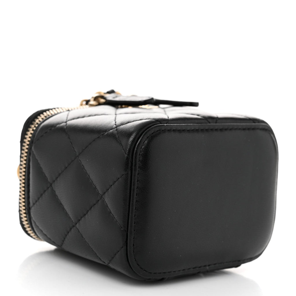 Lambskin Quilted Top Handle Mini Vanity Case With Chain Black