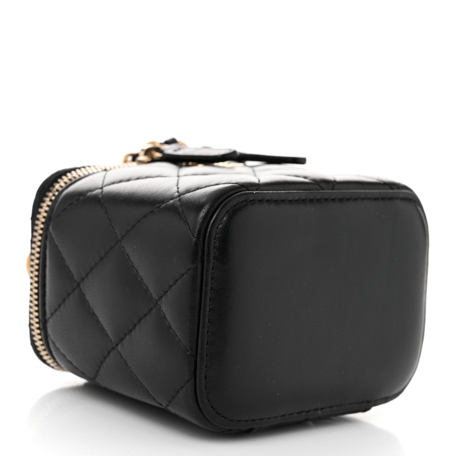 Lambskin Quilted Top Handle Mini Vanity Case With Chain Black