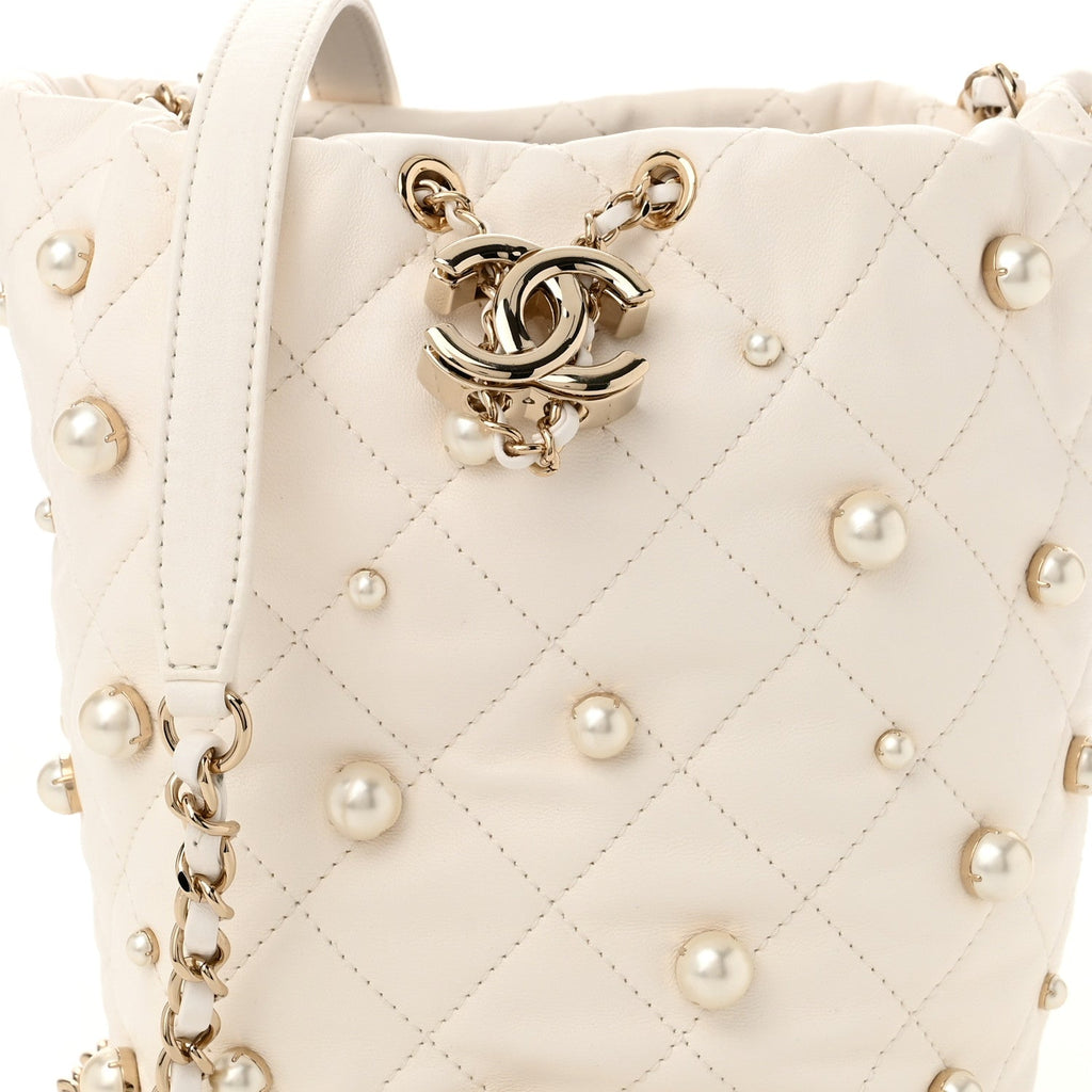 Lambskin Quilted Pearl About Pearls Drawstring Bag White
