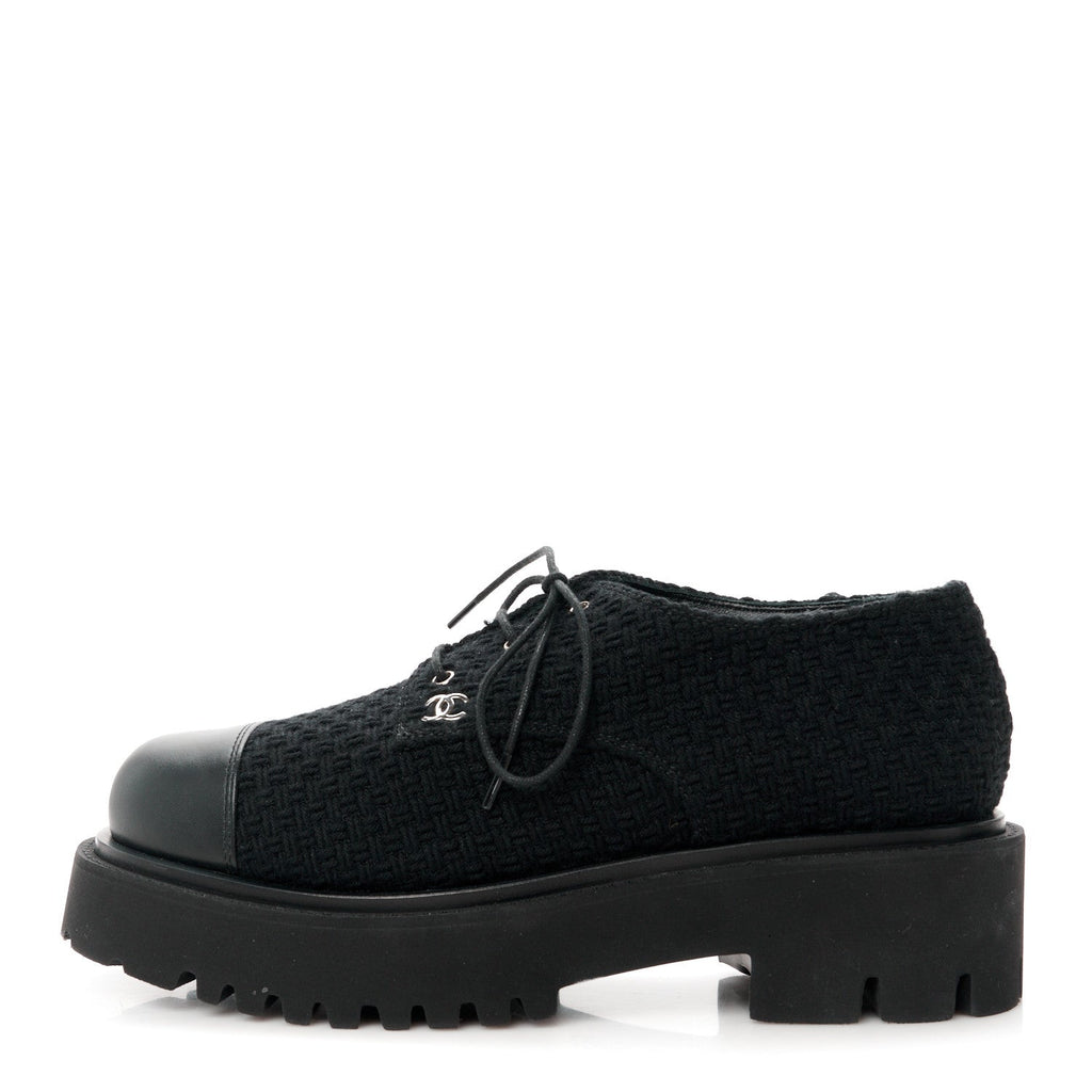 Wool Tweed Calfskin Lace-Up Loafers 38.5 Black