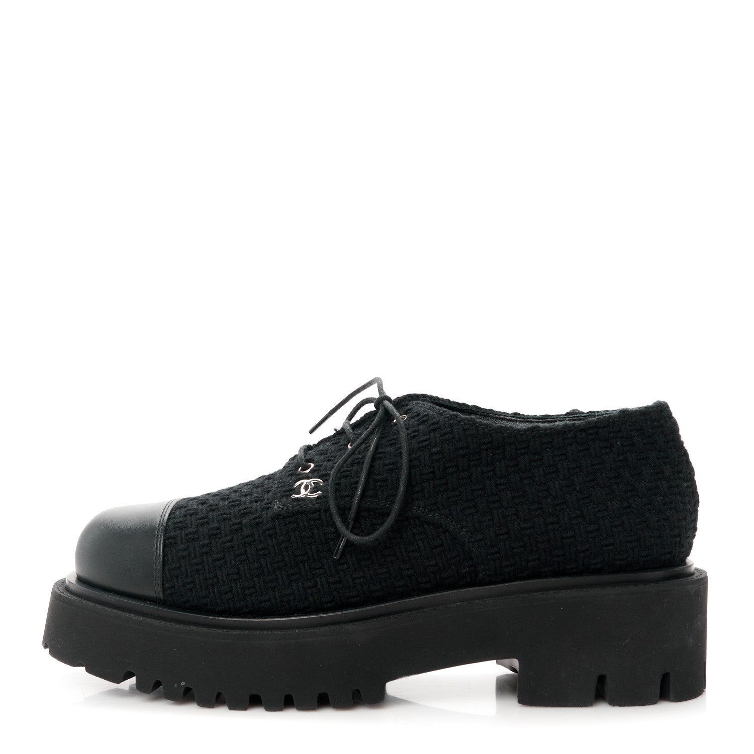 Wool Tweed Calfskin Lace-Up Loafers 38.5 Black