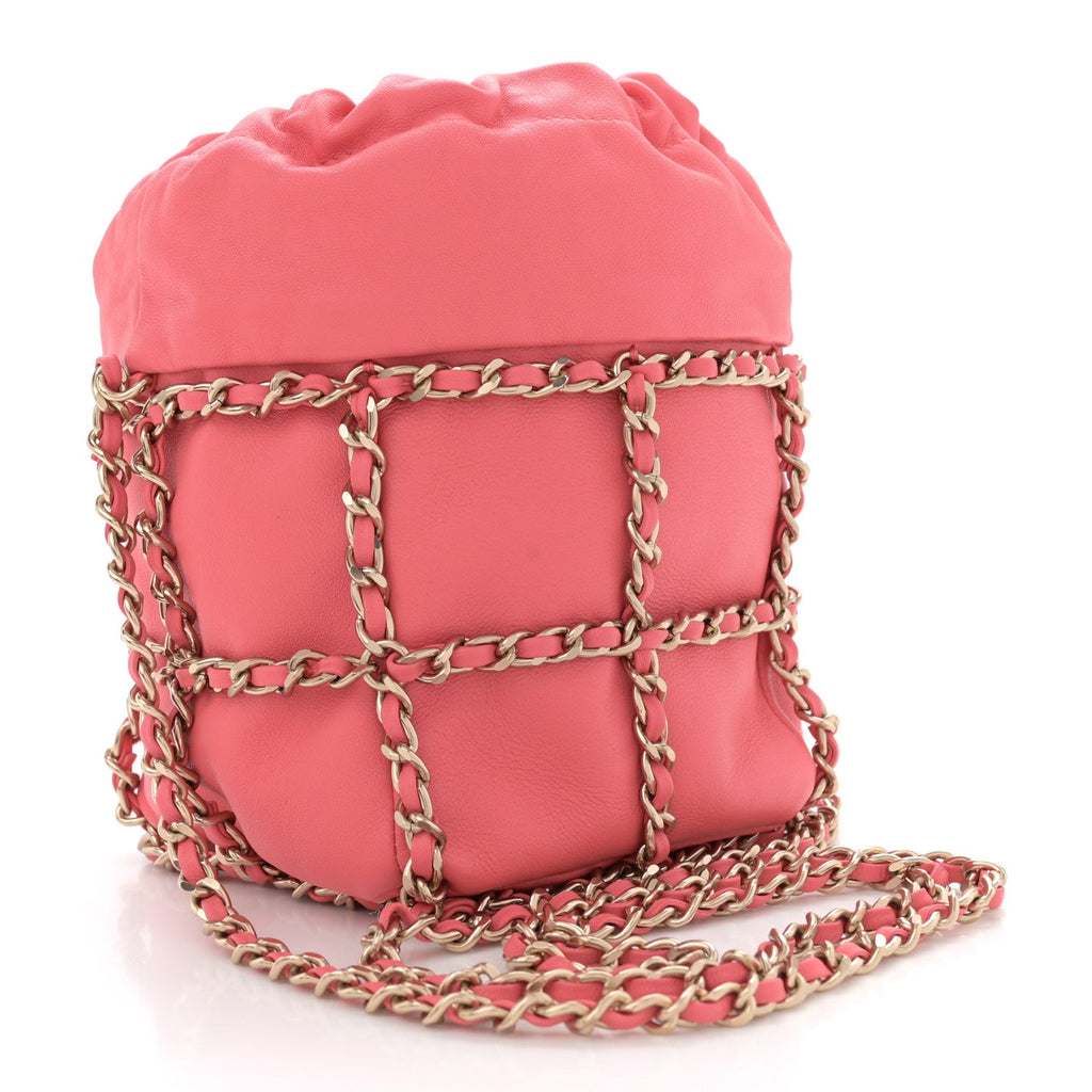 Lambskin Bucket Chain Drawstring Bag Pink