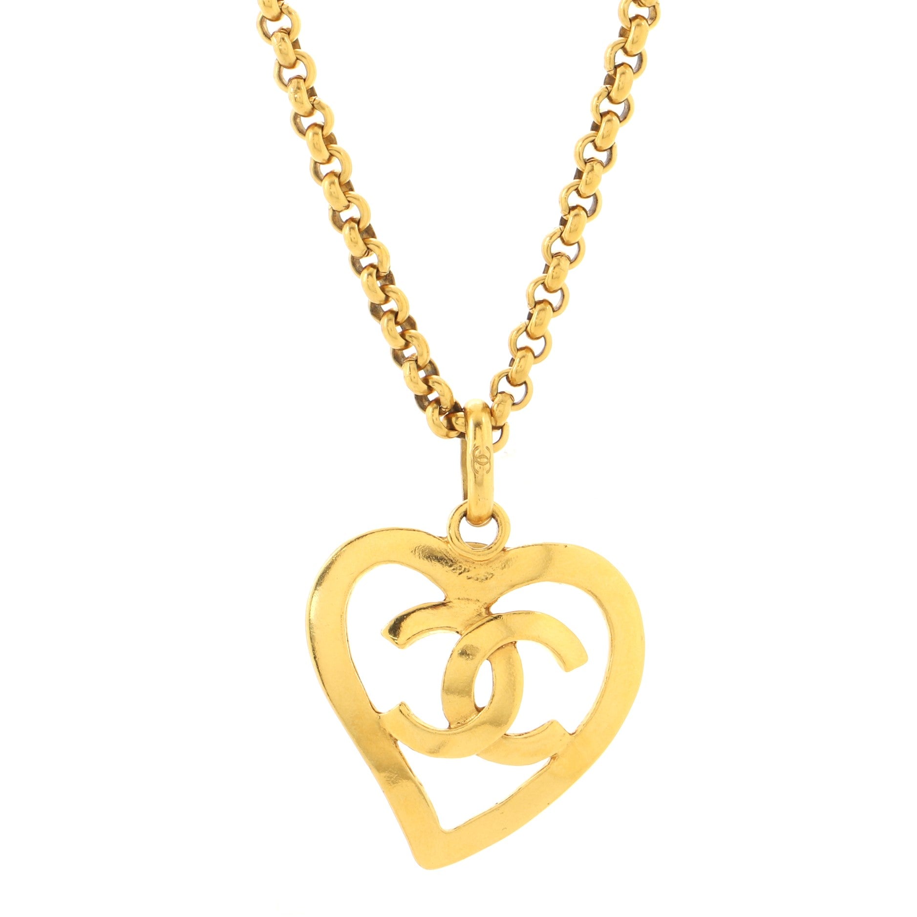 Vintage CC Heart Pendant Long Necklace Metal