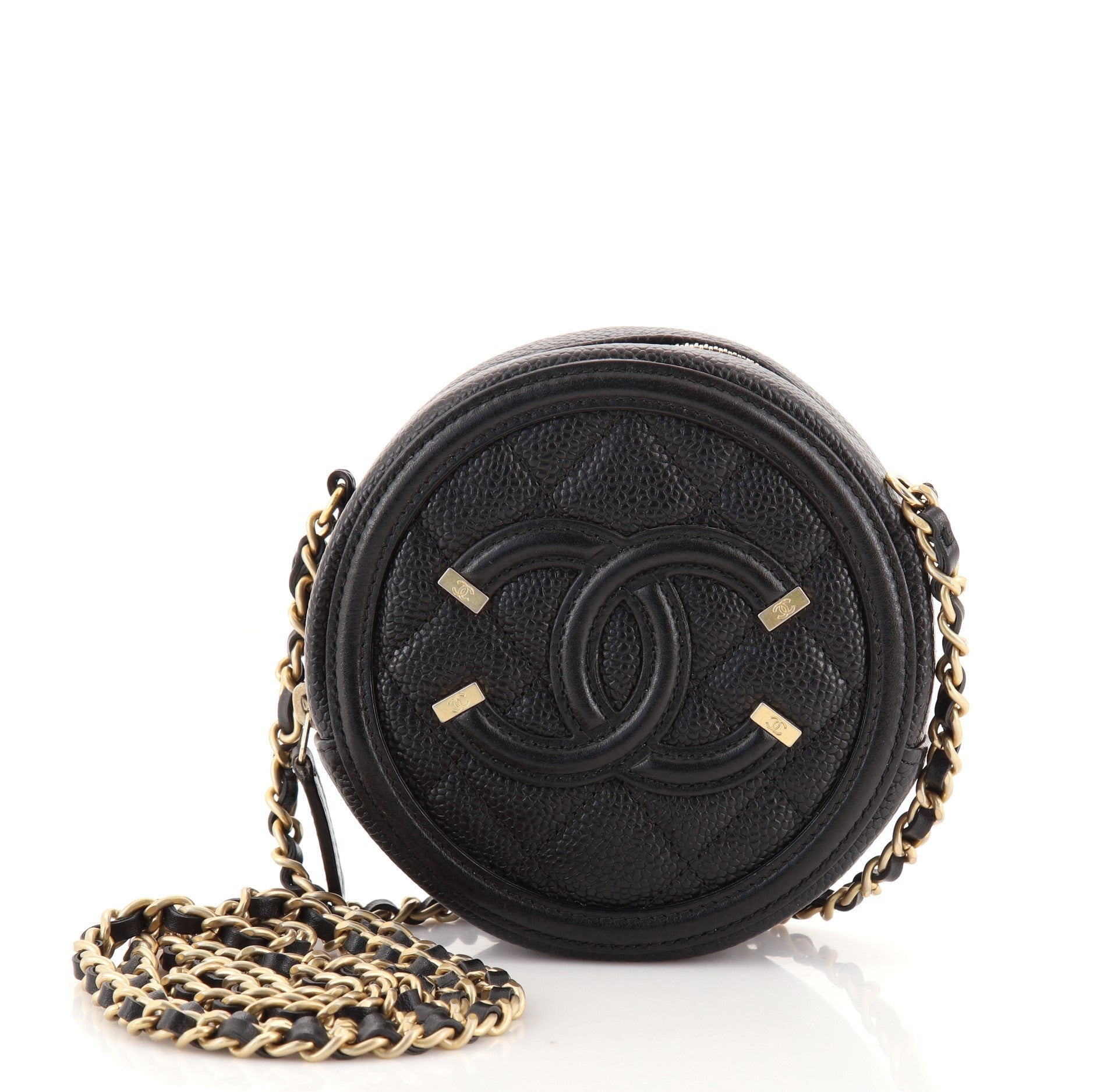 Filigree Round Clutch with Chain Quilted Caviar Mini
