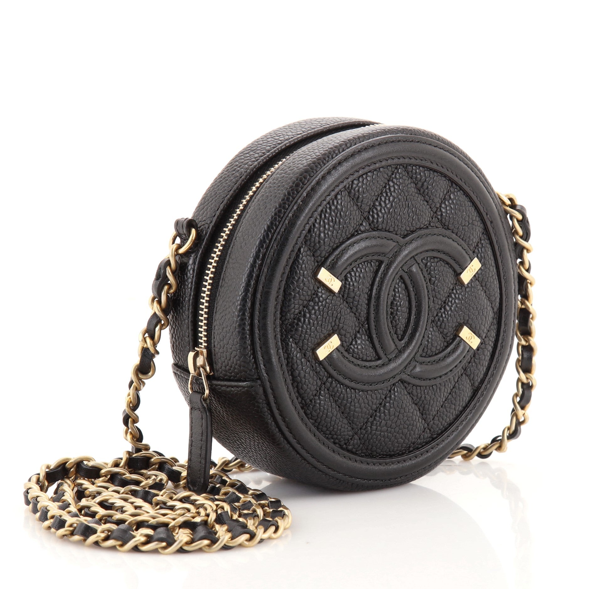 Filigree Round Clutch with Chain Quilted Caviar Mini