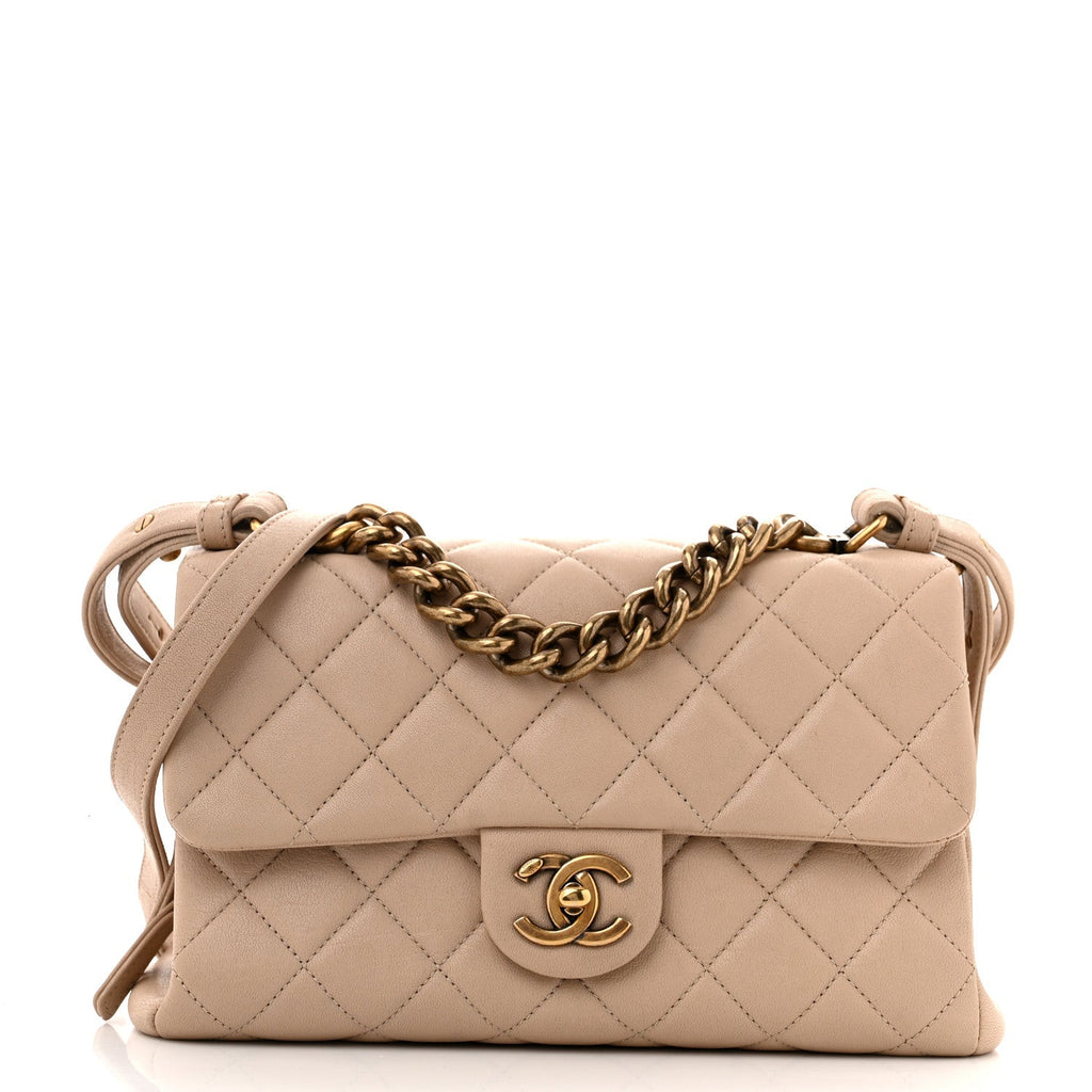 Shiny Sheepskin Quilted Small Trapezio Flap Beige