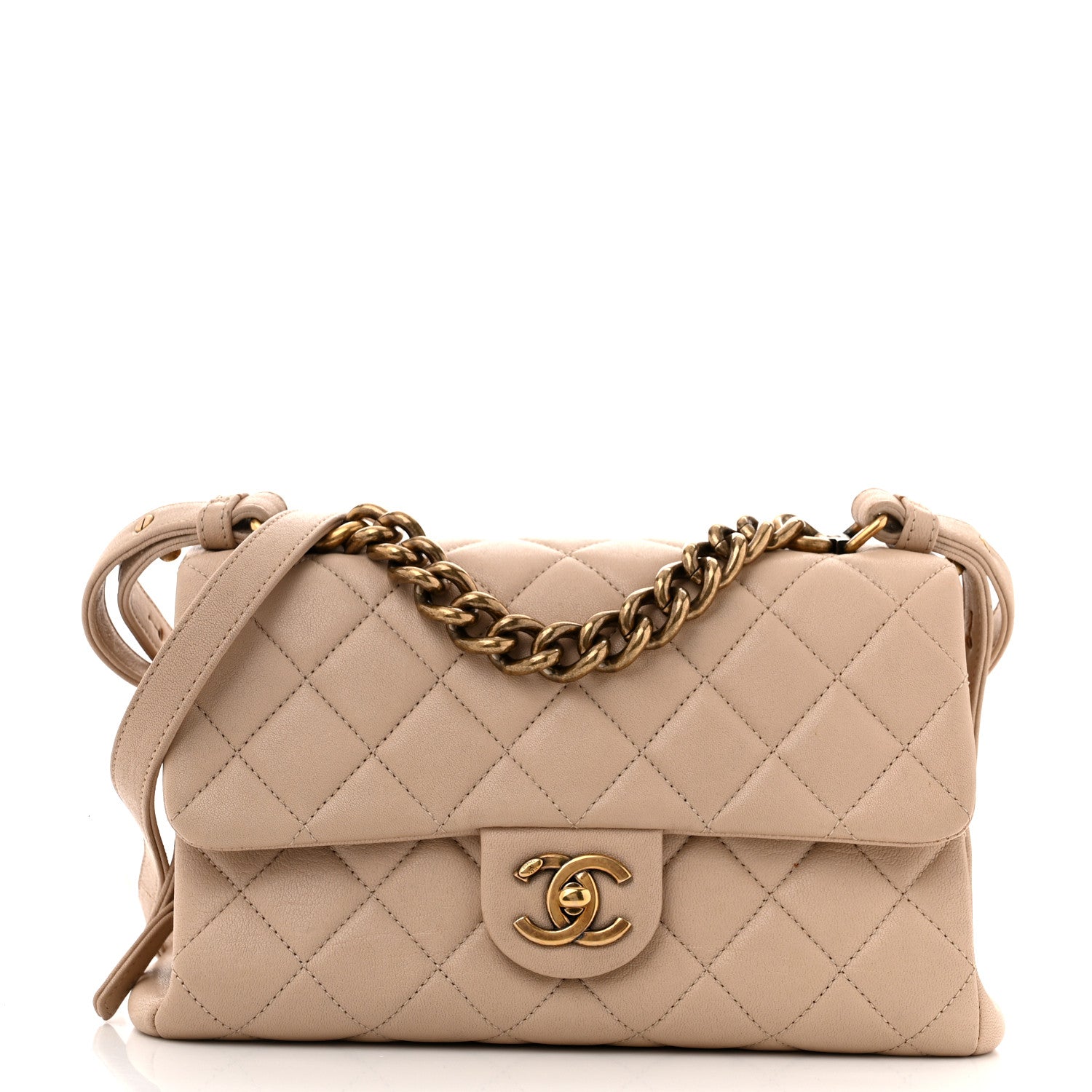 Shiny Sheepskin Quilted Small Trapezio Flap Beige