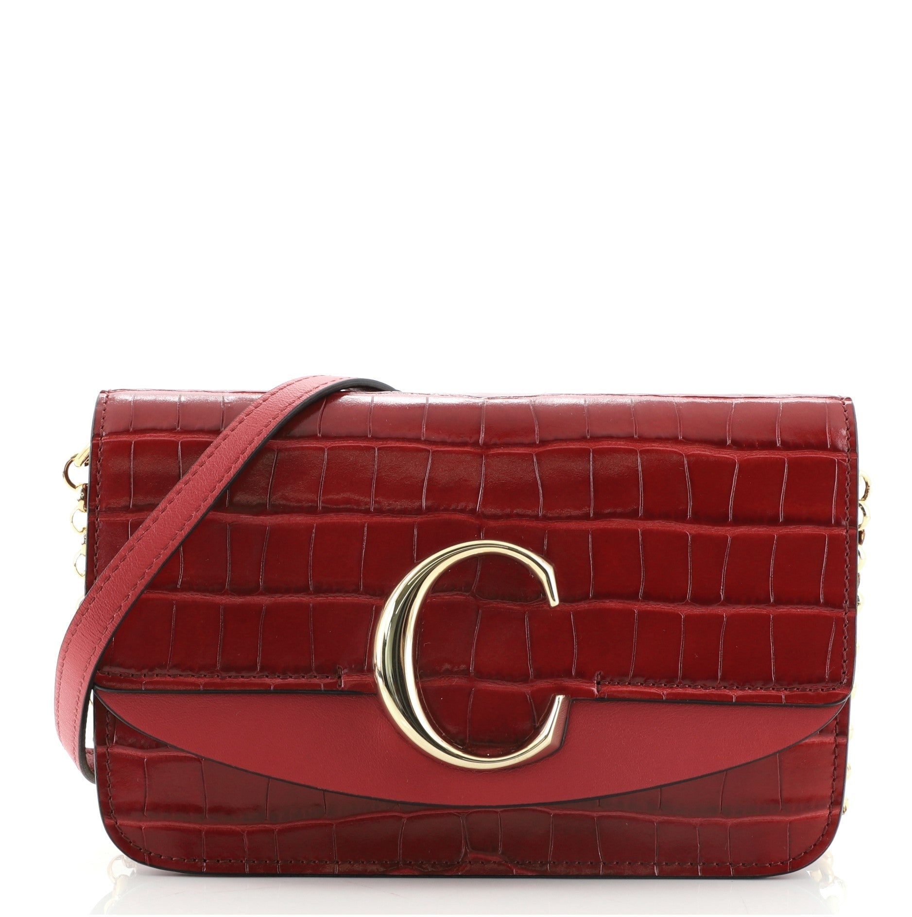 C Chain Clutch Crocodile Embossed Leather