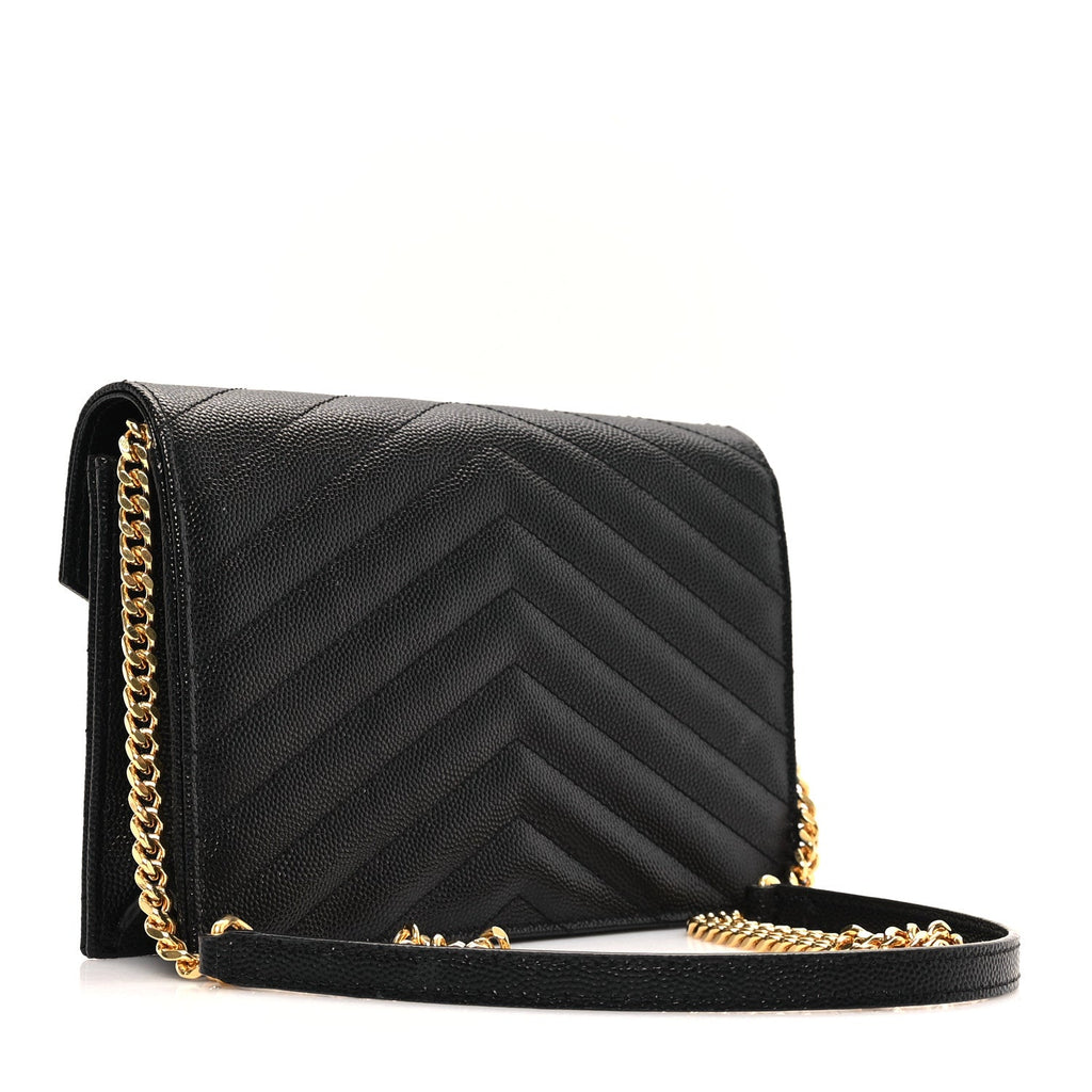 Grain De Poudre Matelasse Chevron Monogram Envelope Chain Wallet Black