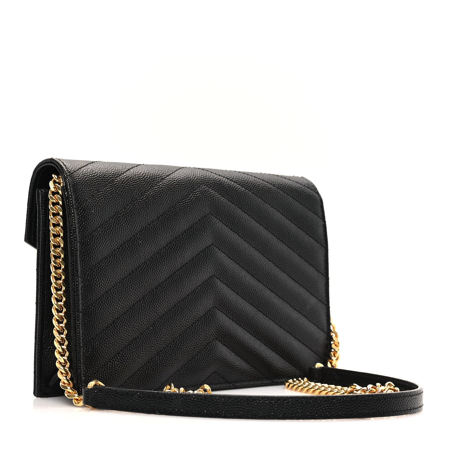 Grain De Poudre Matelasse Chevron Monogram Envelope Chain Wallet Black