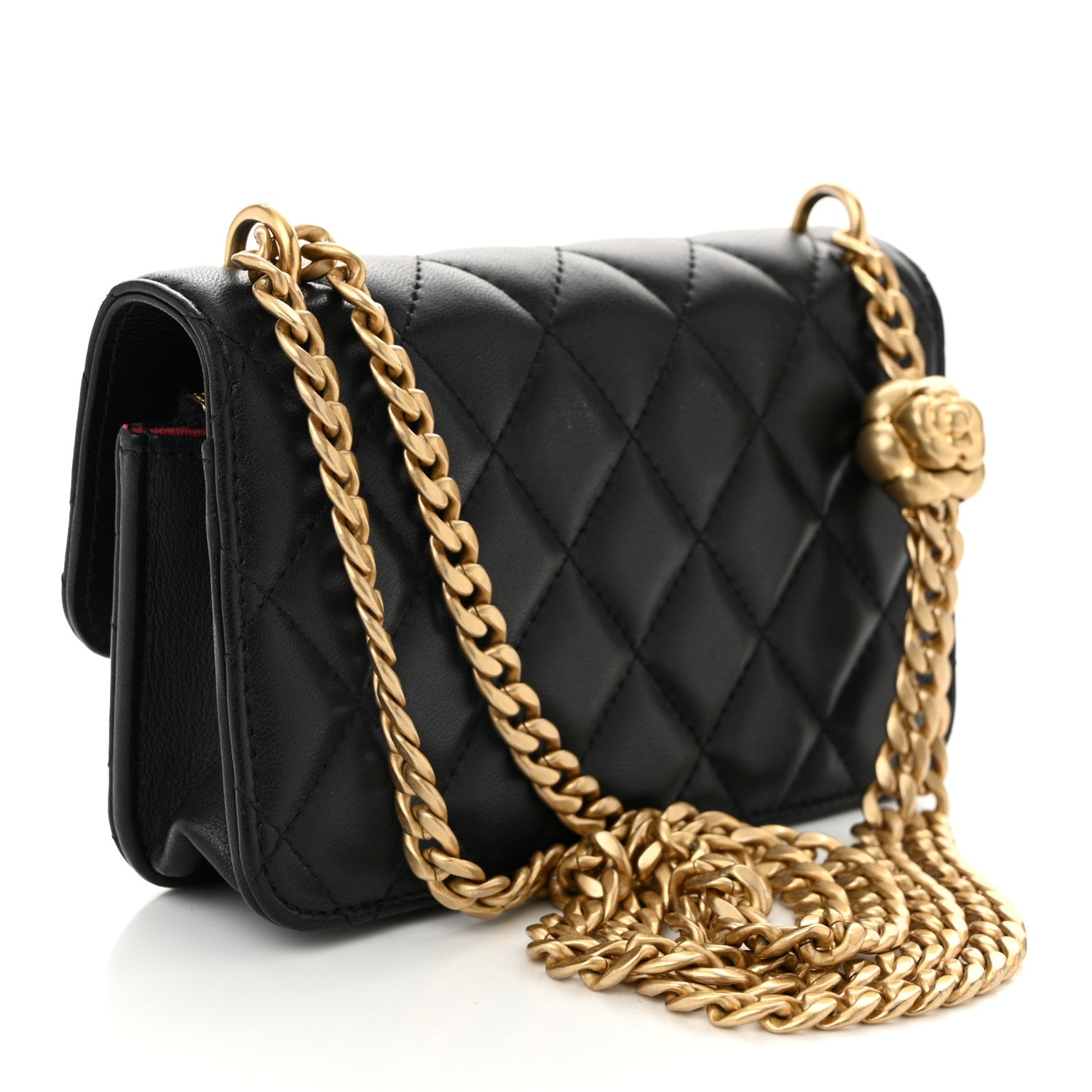 Lambskin Quilted Sweet Camellia Flap Phone Holder With Chain Black