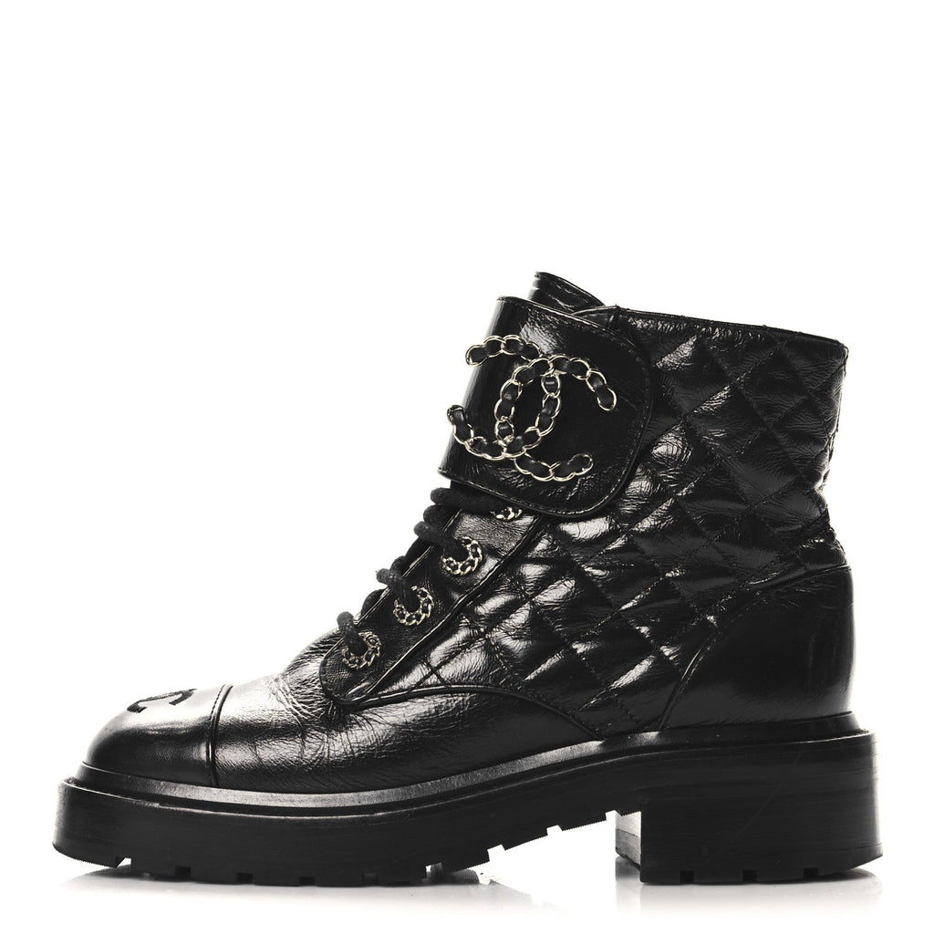 Shiny Calfskin Quilted Lace Up Combat Boots 35 Black