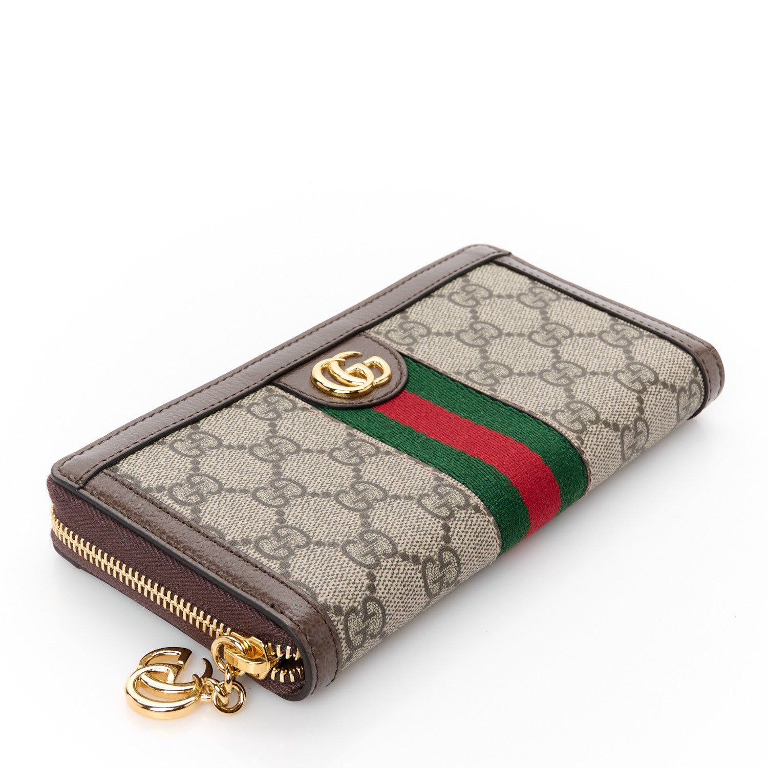 GG Supreme Monogram Web Ophidia Zip Around Wallet Brown