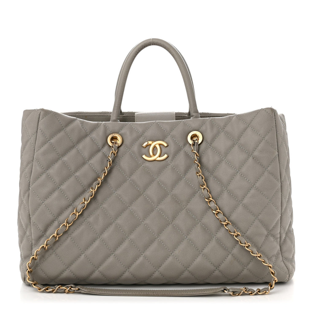 Caviar Quilted Large Coco Handle Shopping Tote Grey