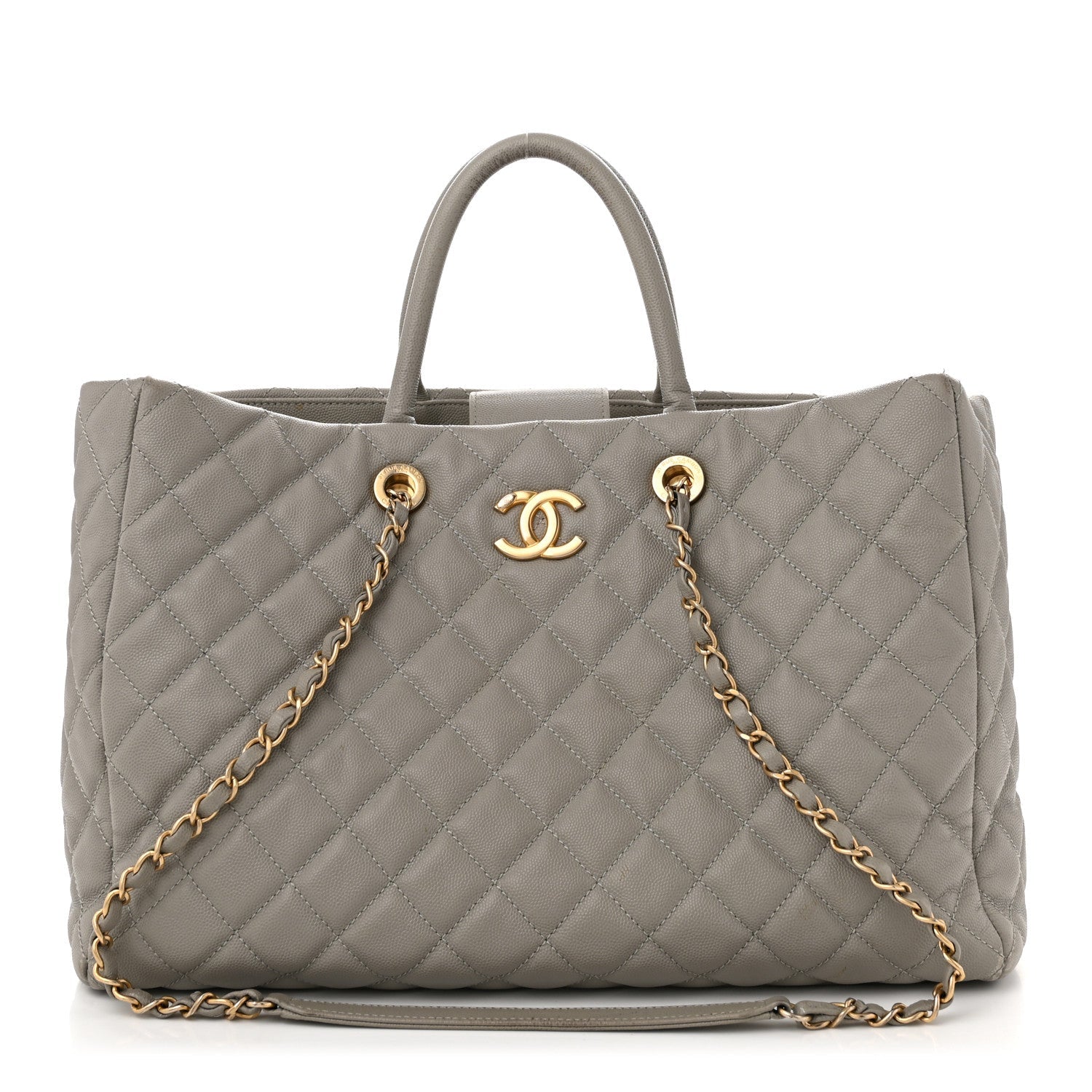 Caviar Quilted Large Coco Handle Shopping Tote Grey