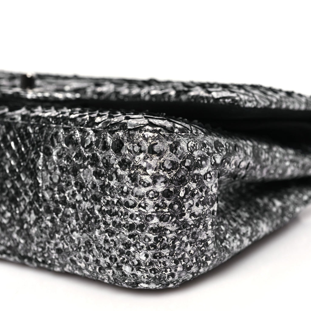 Metallic Snakeskin Medium Double Flap Black Silver