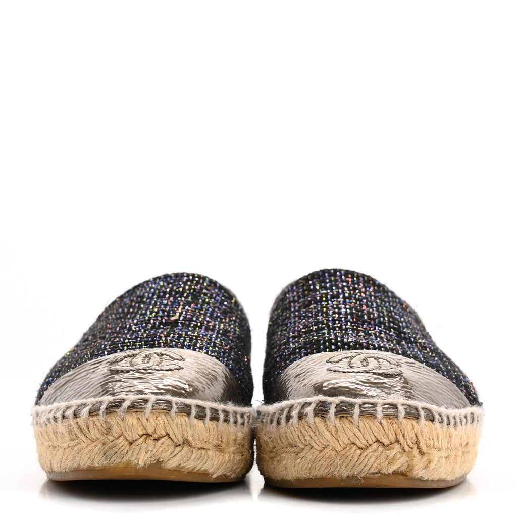 Metallic Tweed Patent CC Espadrilles 37 Black Silver