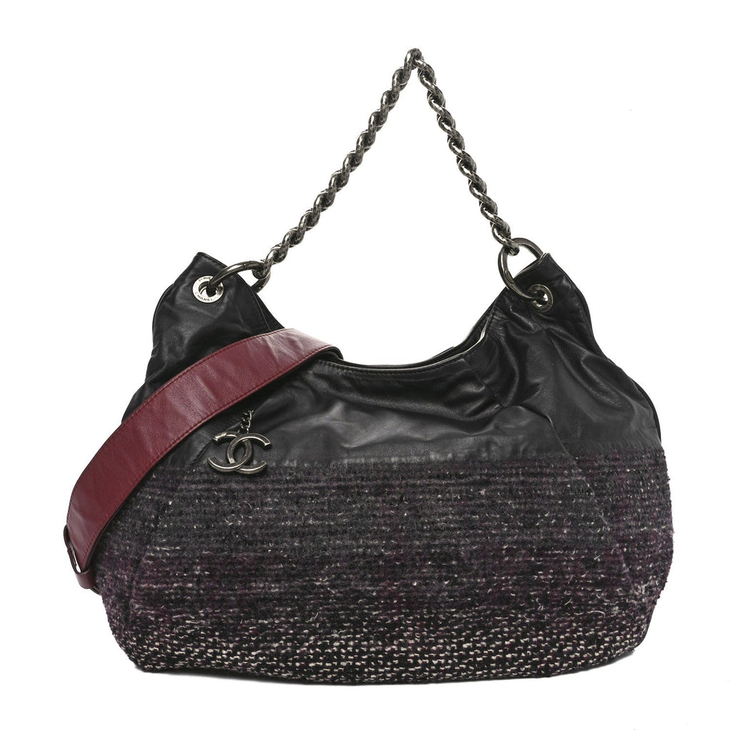 Calfskin Tweed Coco Pleats Hobo Black Burgundy