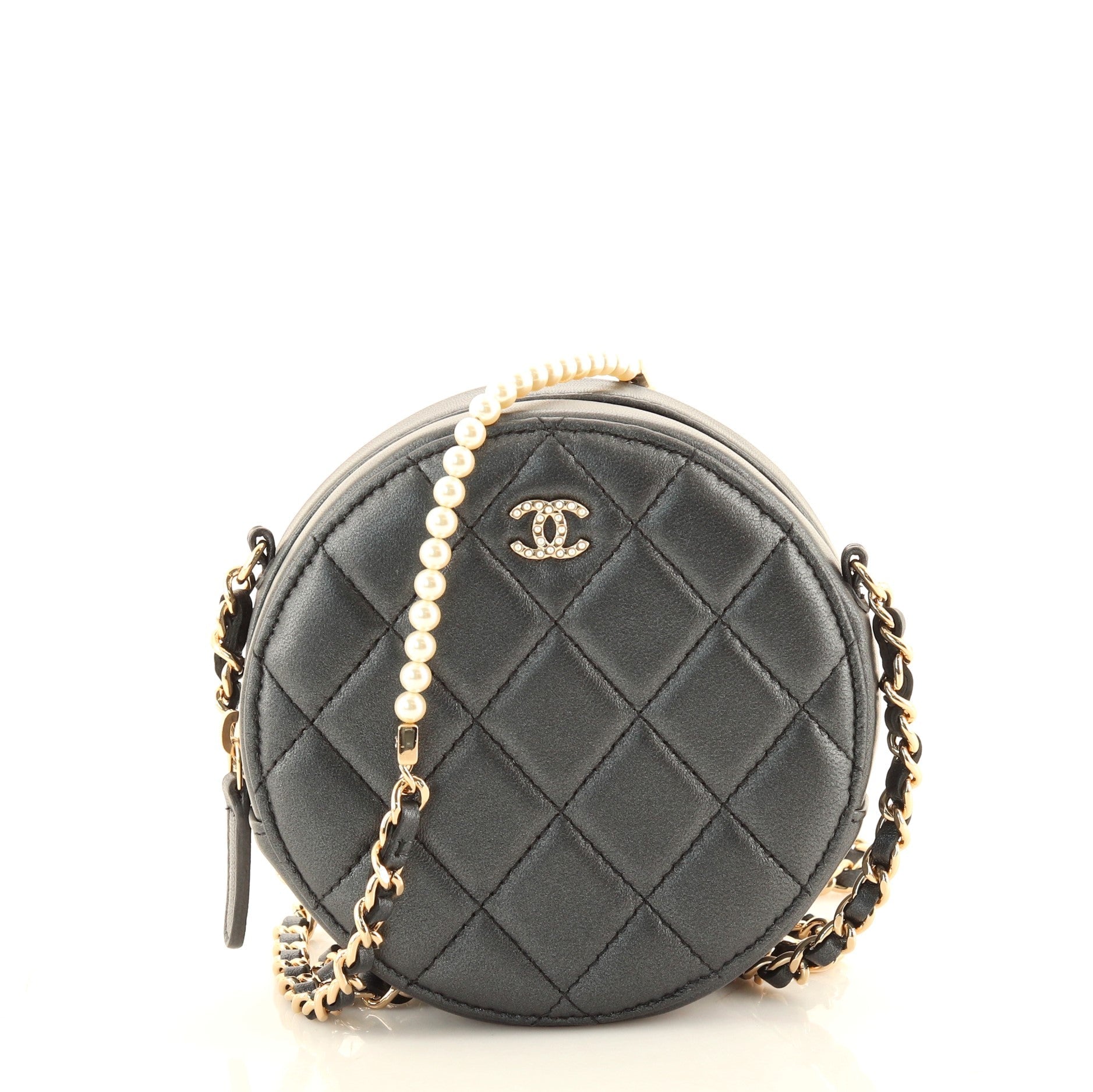 Pearl Strap Round Clutch with Chain Quilted Iridescent Lambskin