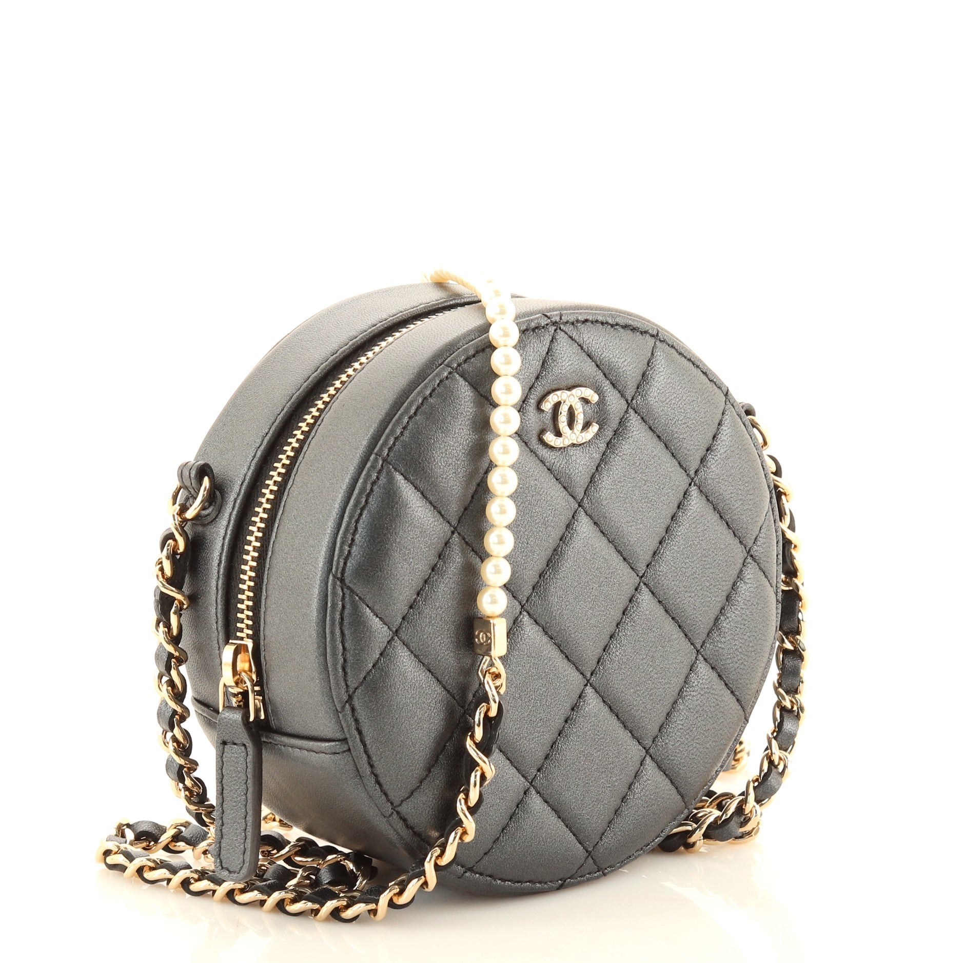 Pearl Strap Round Clutch with Chain Quilted Iridescent Lambskin