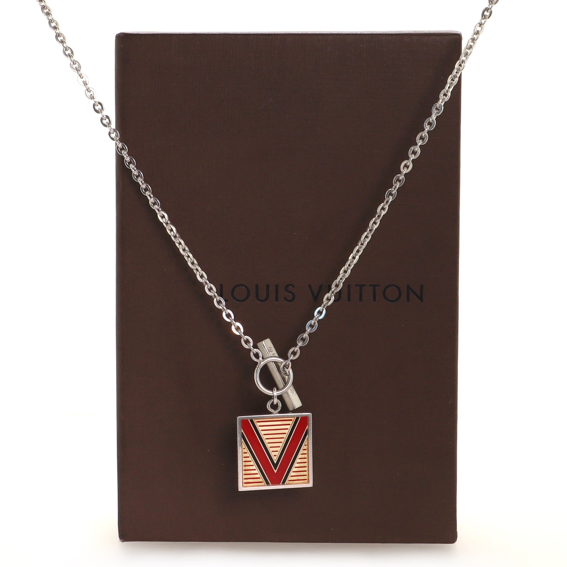 V Logo Square Pendant Necklace Sterling Silver with Enamel