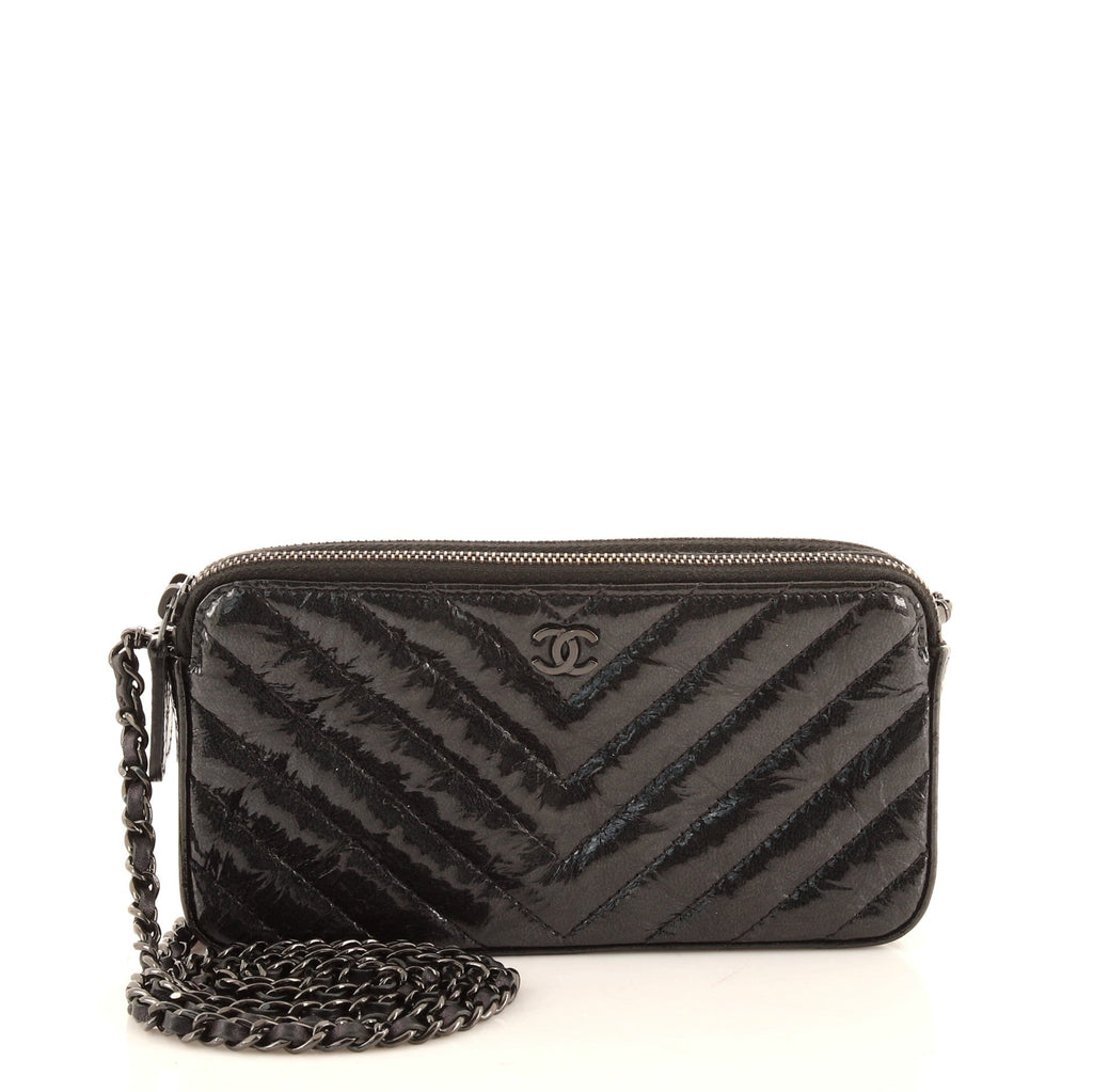 So Black Double Zip Clutch with Chain Chevron Crumpled Metallic Patent
