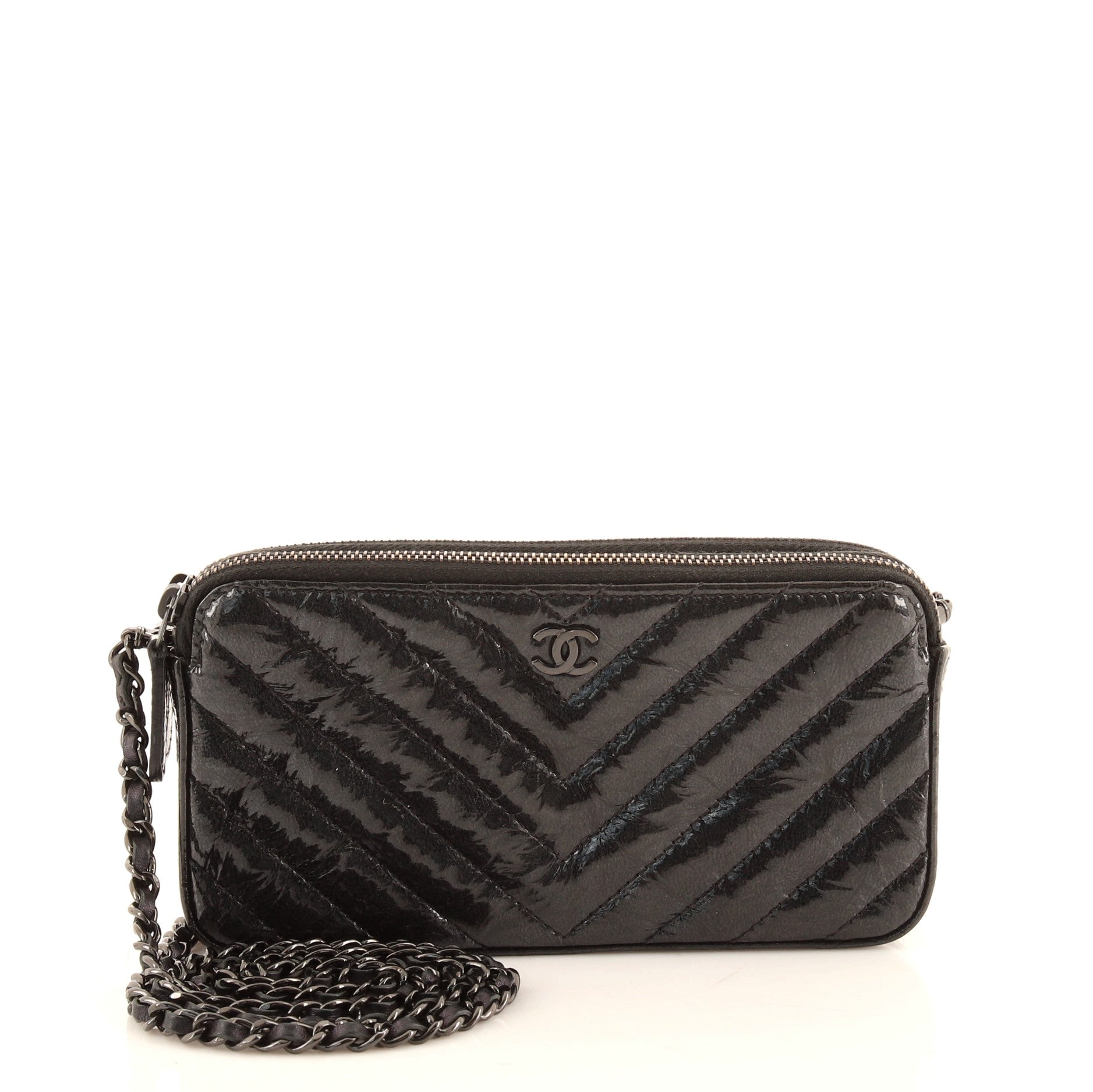 So Black Double Zip Clutch with Chain Chevron Crumpled Metallic Patent