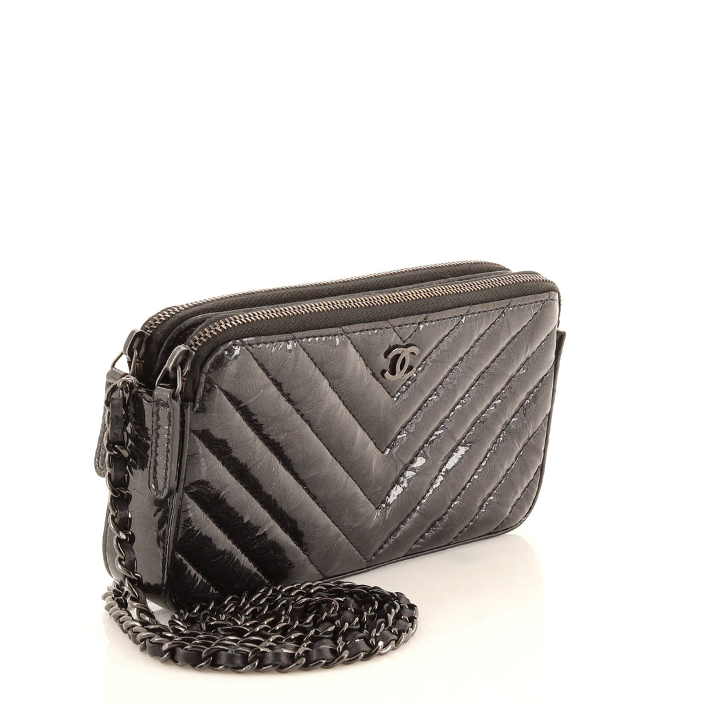 So Black Double Zip Clutch with Chain Chevron Crumpled Metallic Patent