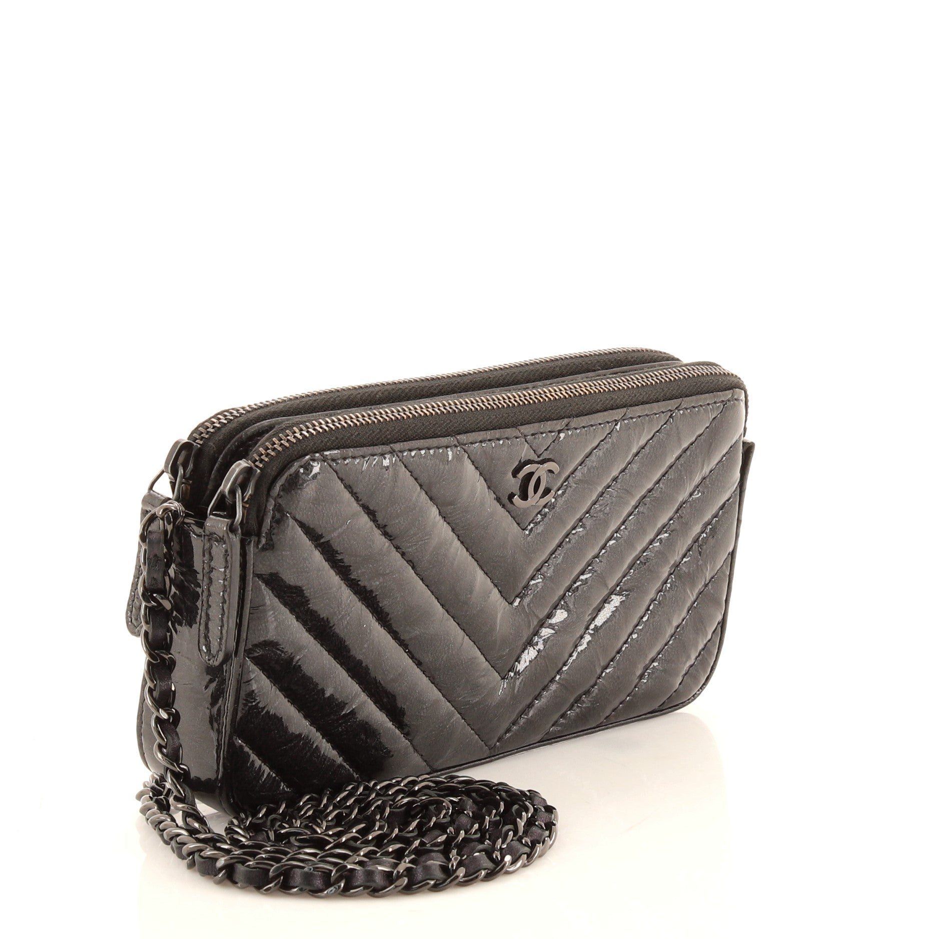 So Black Double Zip Clutch with Chain Chevron Crumpled Metallic Patent