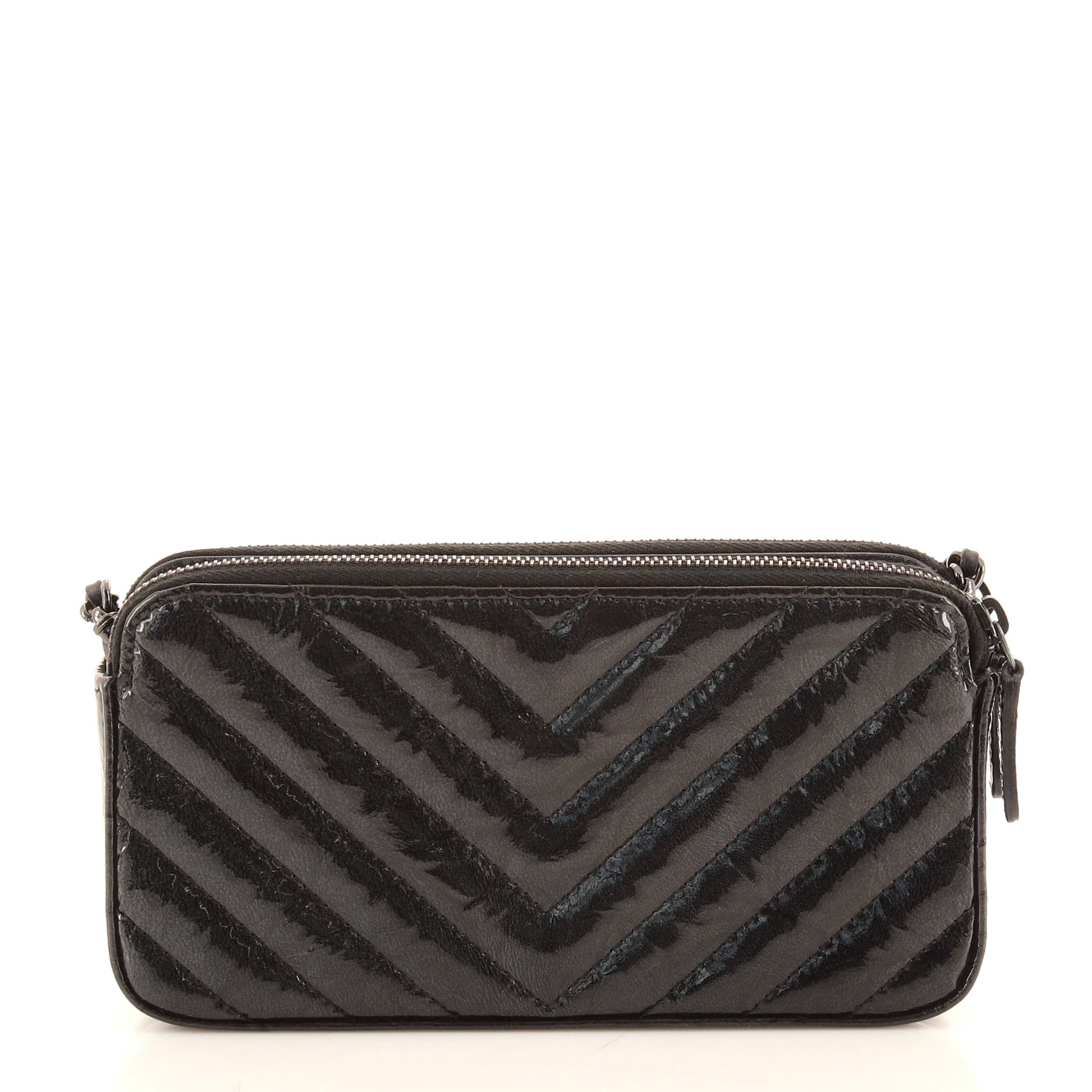 So Black Double Zip Clutch with Chain Chevron Crumpled Metallic Patent