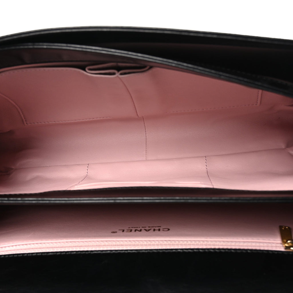 Aged Glazed Calfskin Quilted Straight Lined Flap Black