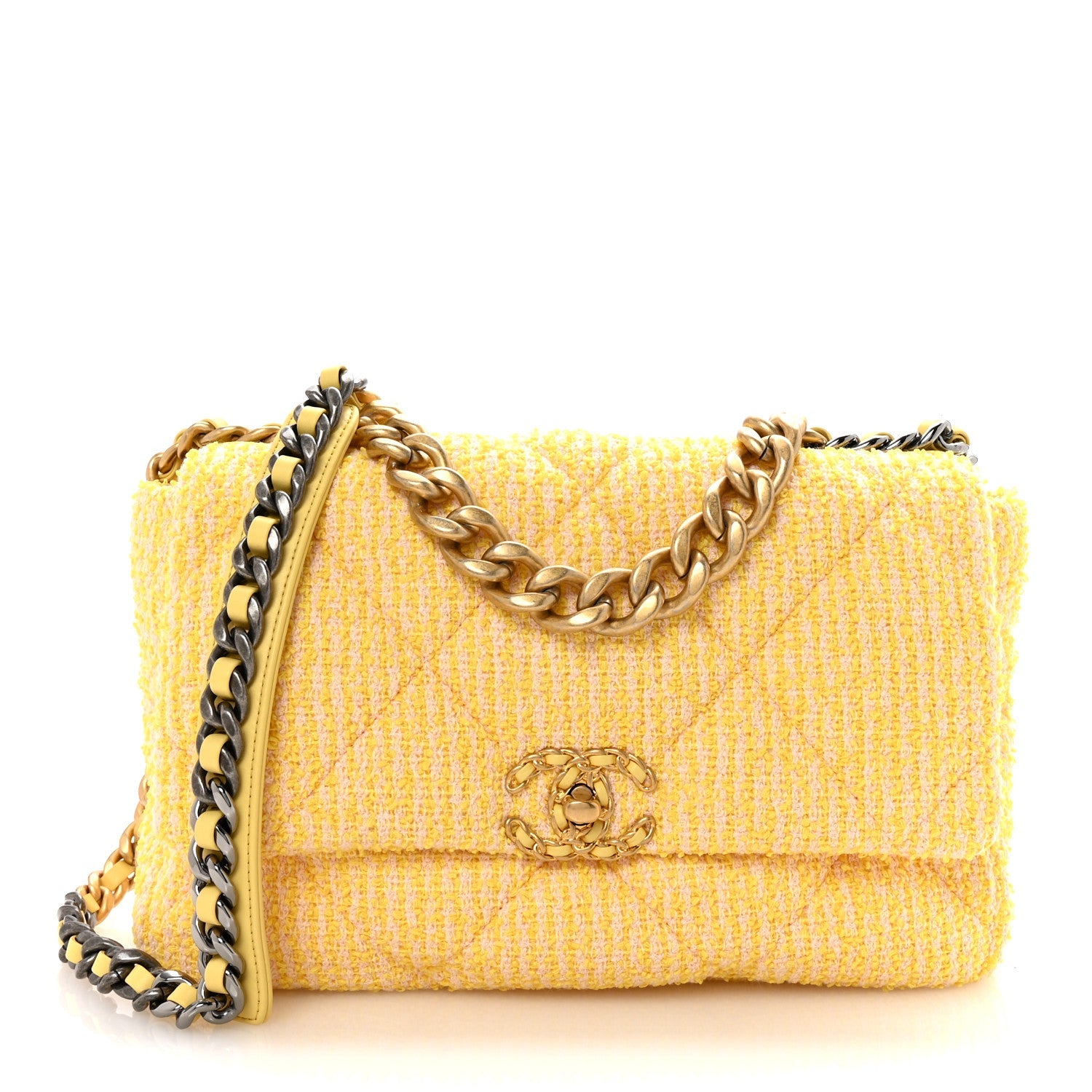 Tweed Quilted Large Chanel 19 Flap Yellow