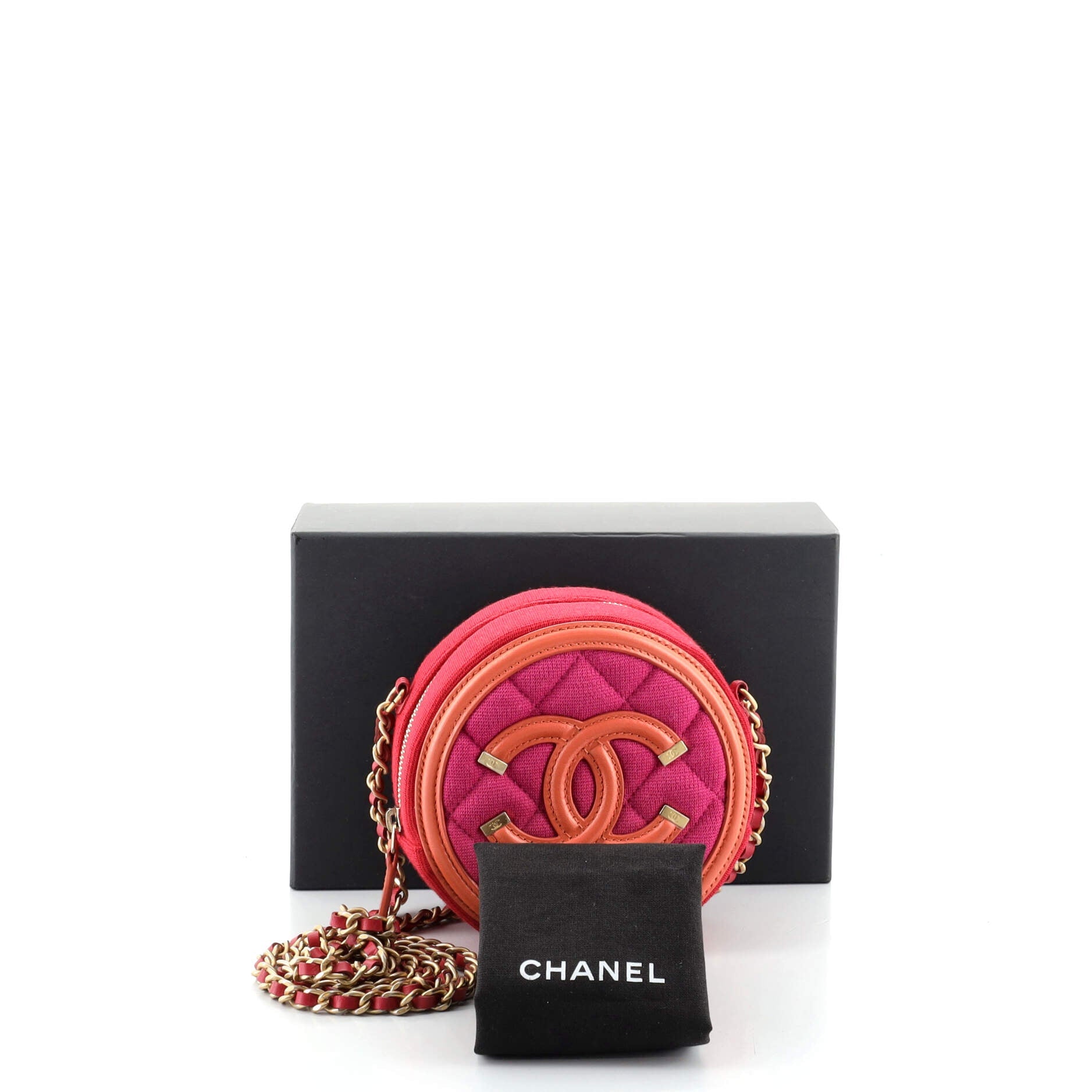 Filigree Round Clutch with Chain Quilted Canvas with Lambskin Mini