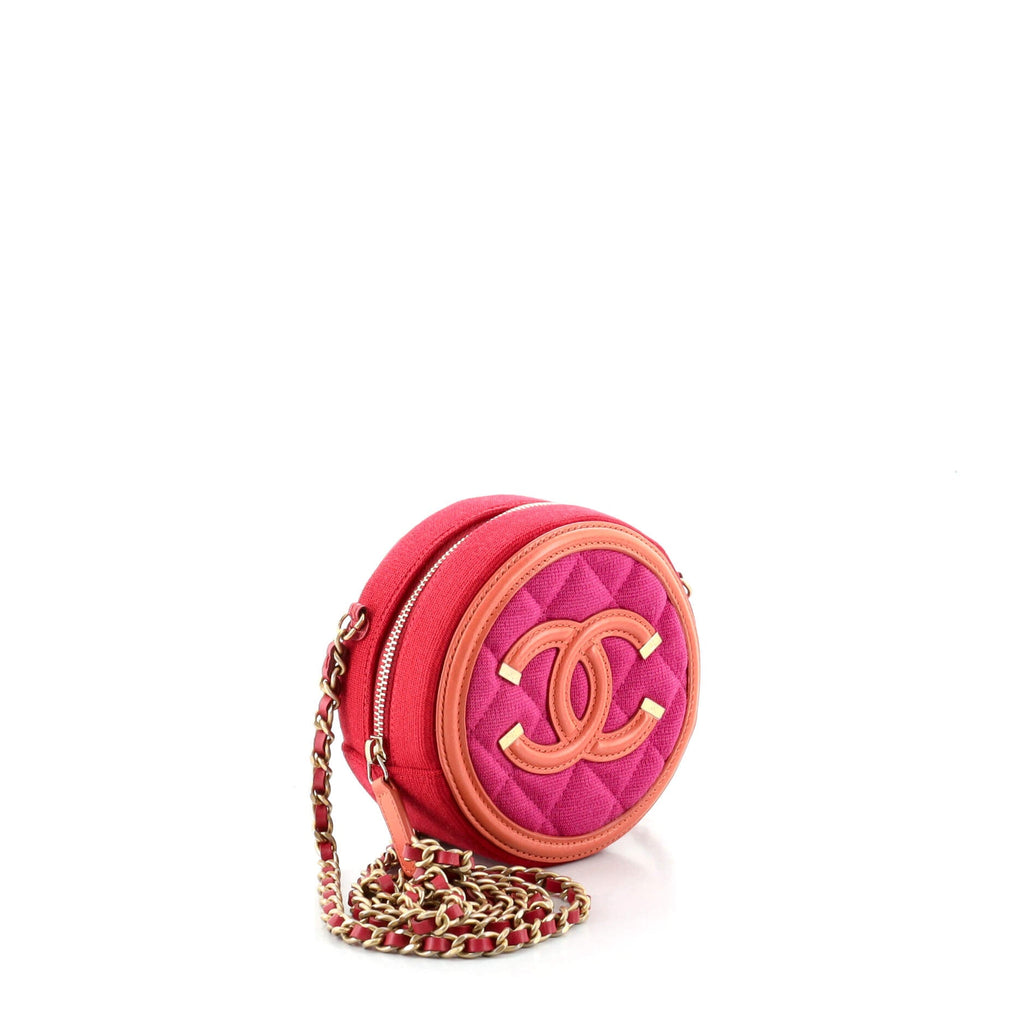 Filigree Round Clutch with Chain Quilted Canvas with Lambskin Mini