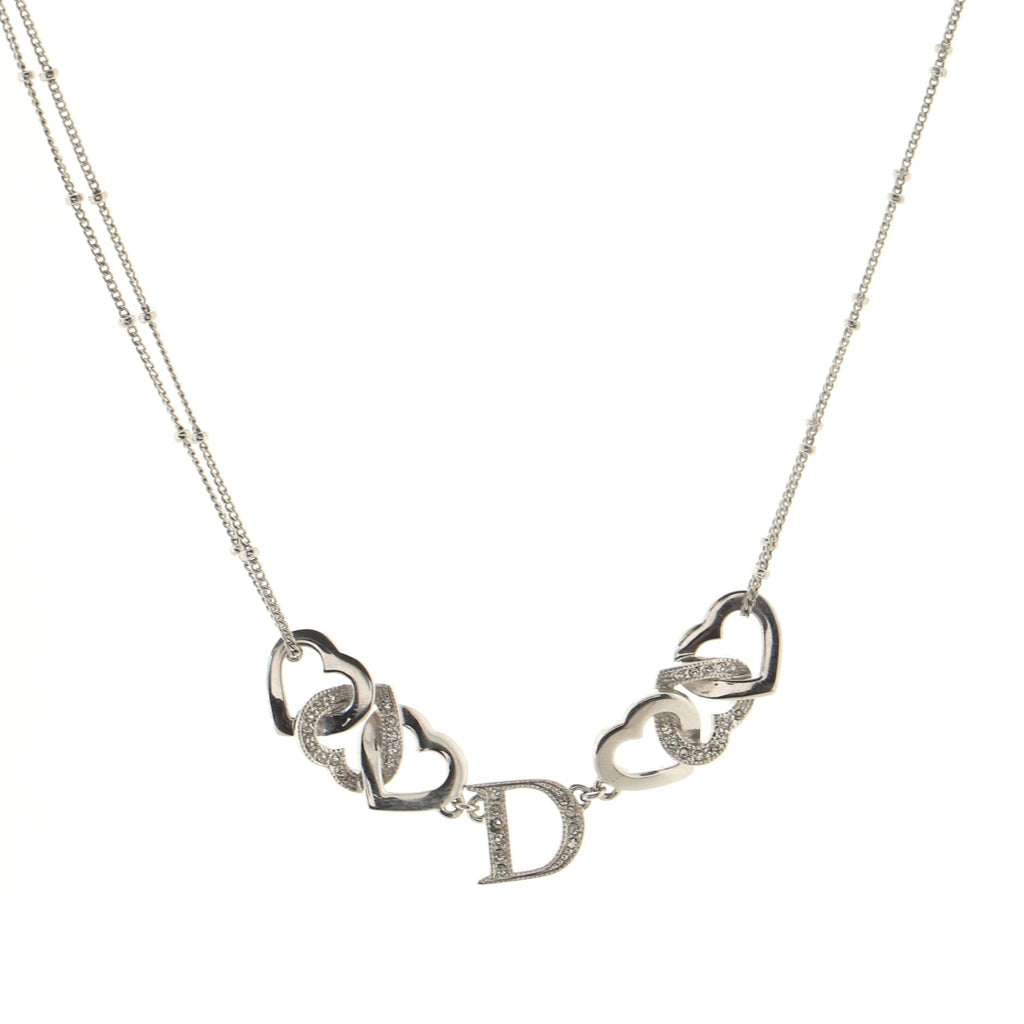 Vintage D Interlocking Hearts Necklace Crystal Embellished Metal