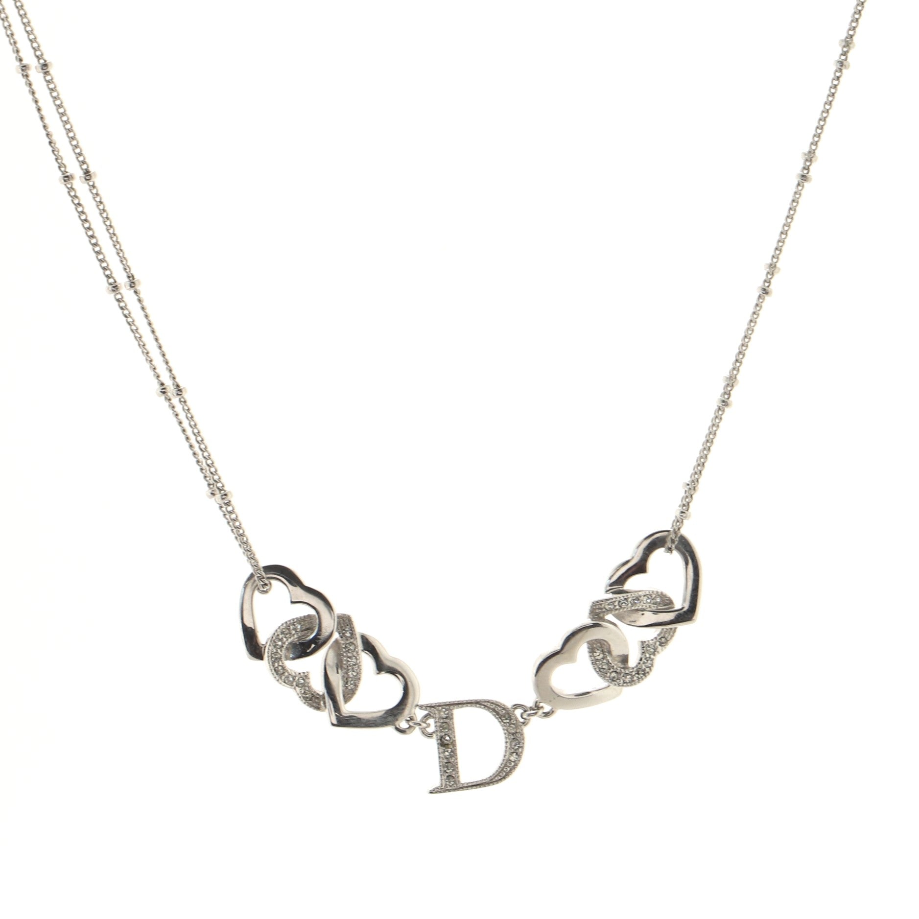 Vintage D Interlocking Hearts Necklace Crystal Embellished Metal