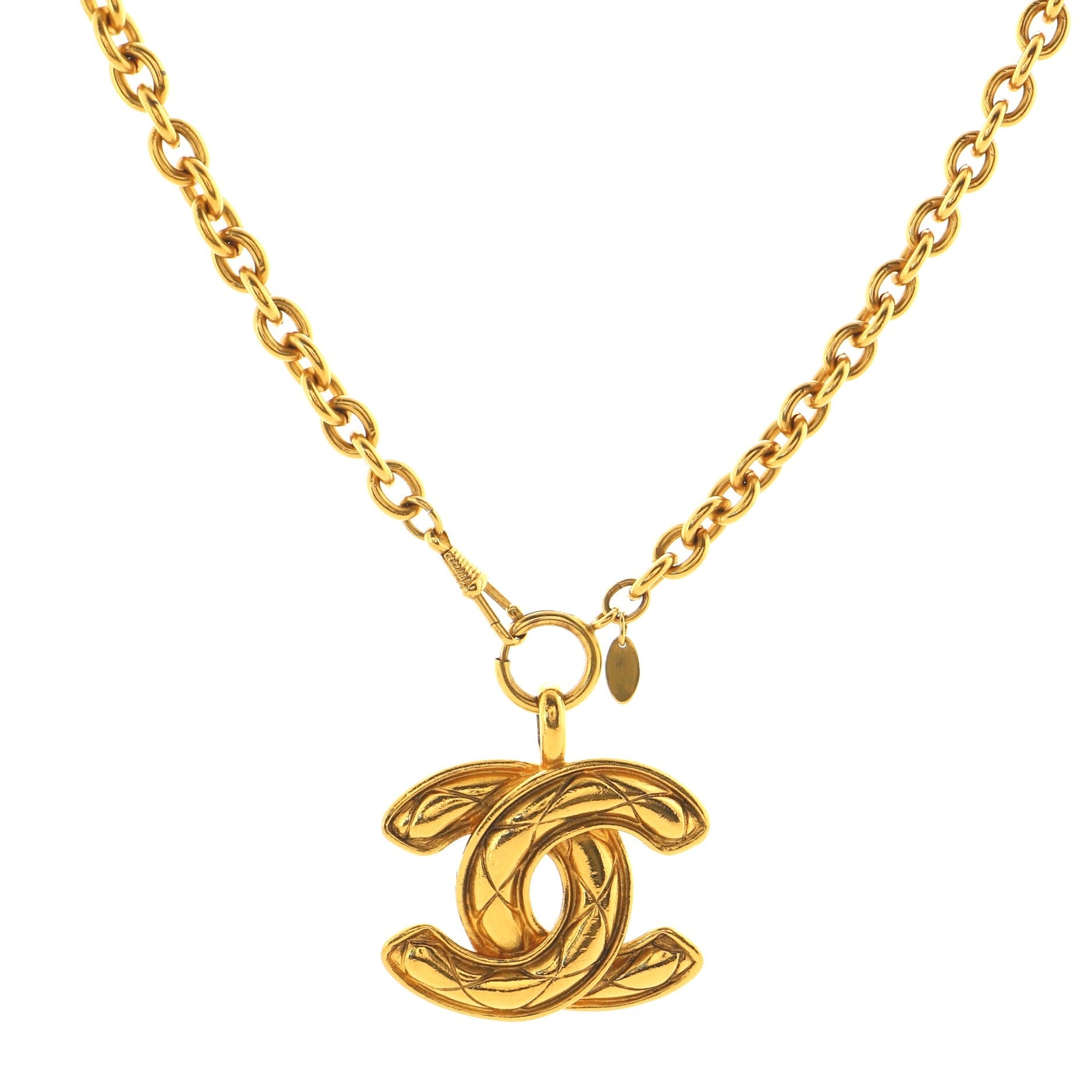 Vintage Quilted CC Pendant Necklace Metal Large
