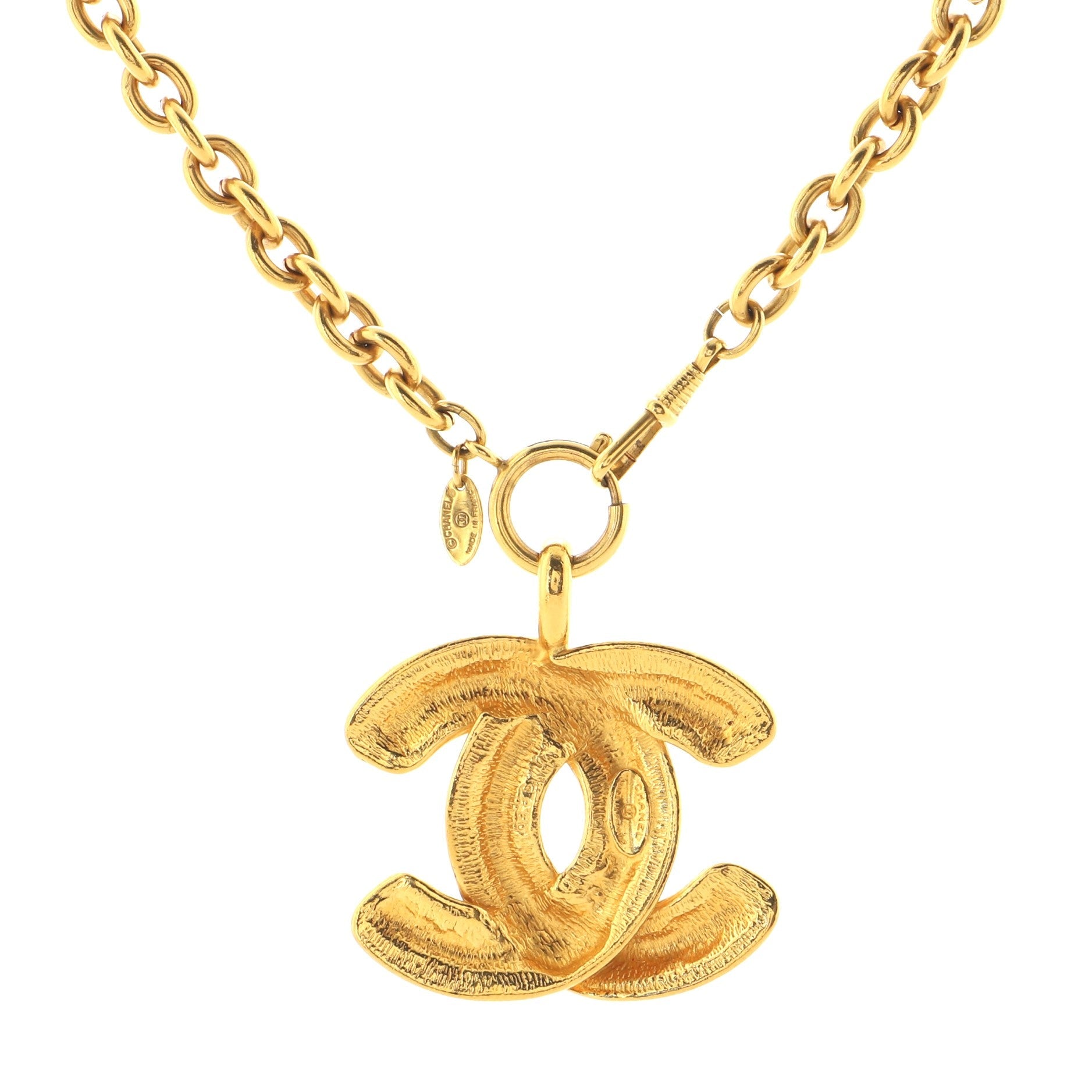 Vintage Quilted CC Pendant Necklace Metal Large