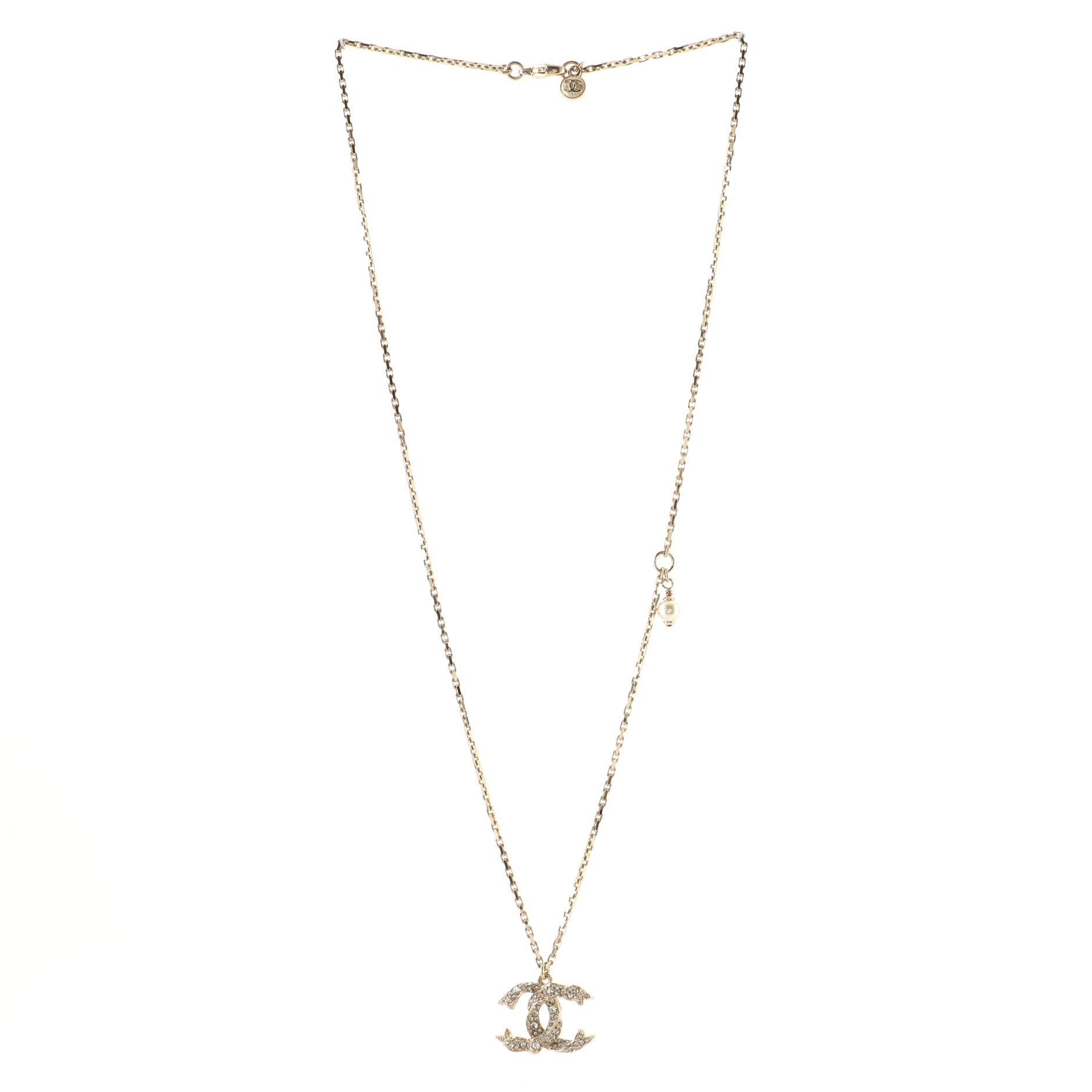 Twisted CC Pendant Necklace Crystal Embellished Metal and Faux Pearl