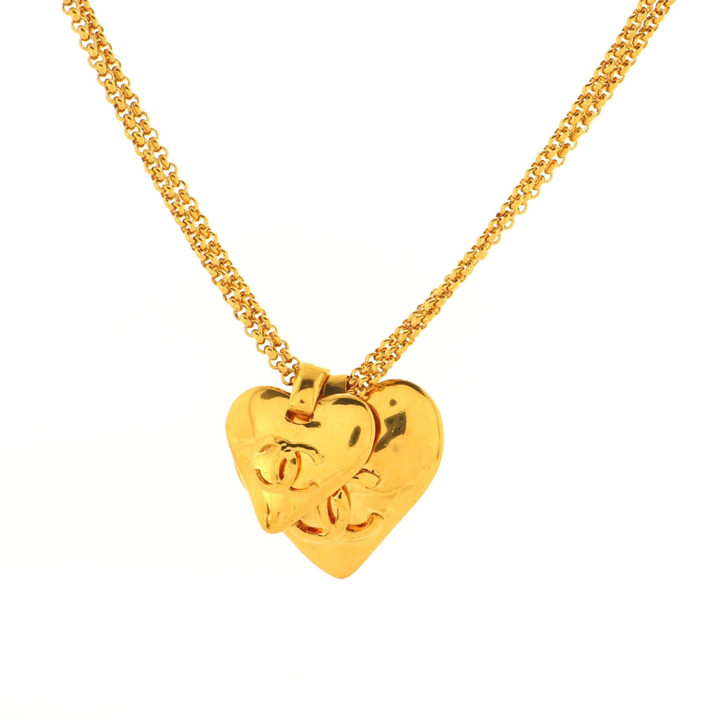 Vintage CC Double Heart Pendant Necklace Metal