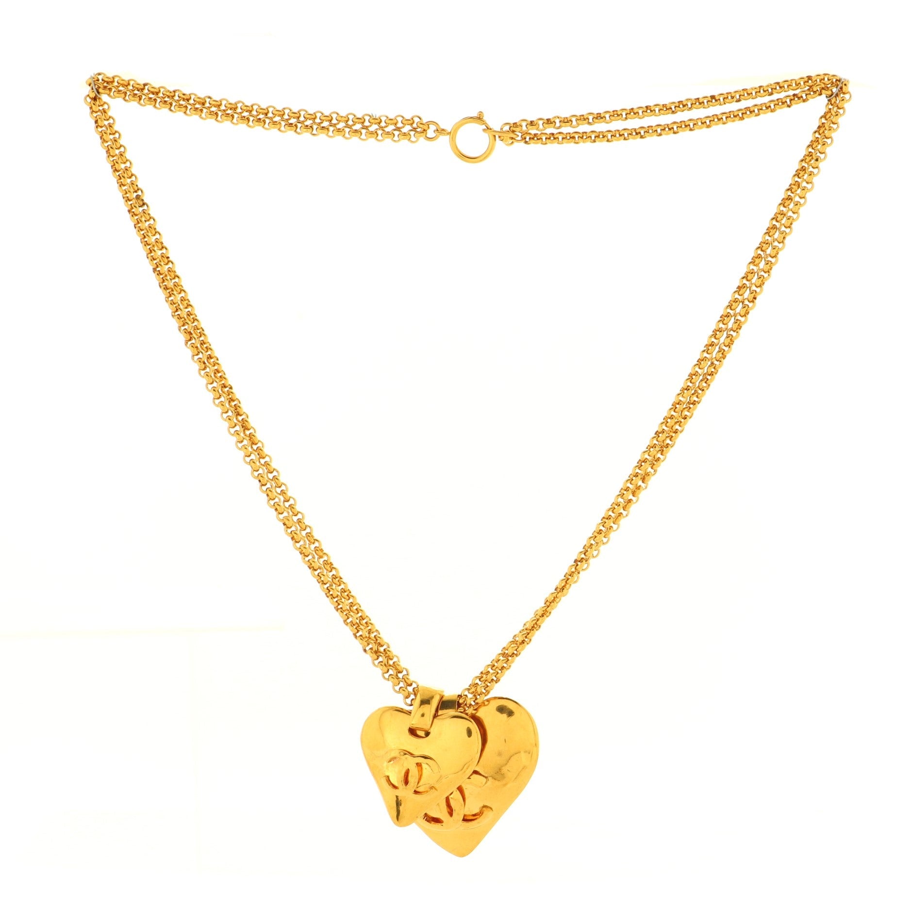 Vintage CC Double Heart Pendant Necklace Metal