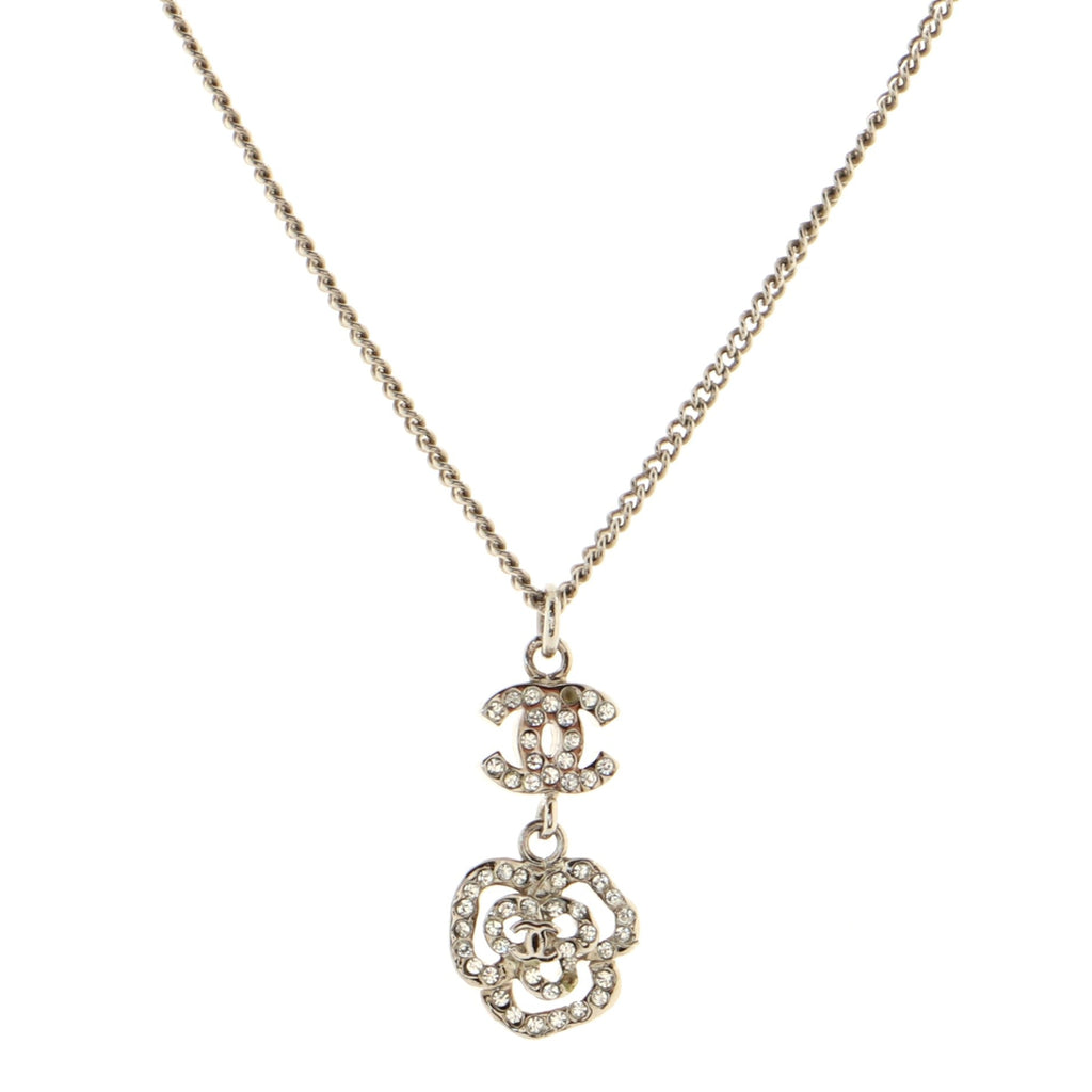 CC Dangling Camellia Pendant Necklace Crystal Embellished Metal