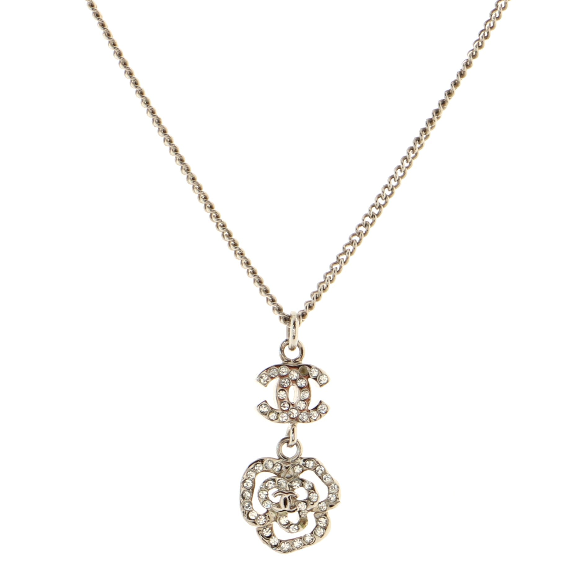 CC Dangling Camellia Pendant Necklace Crystal Embellished Metal