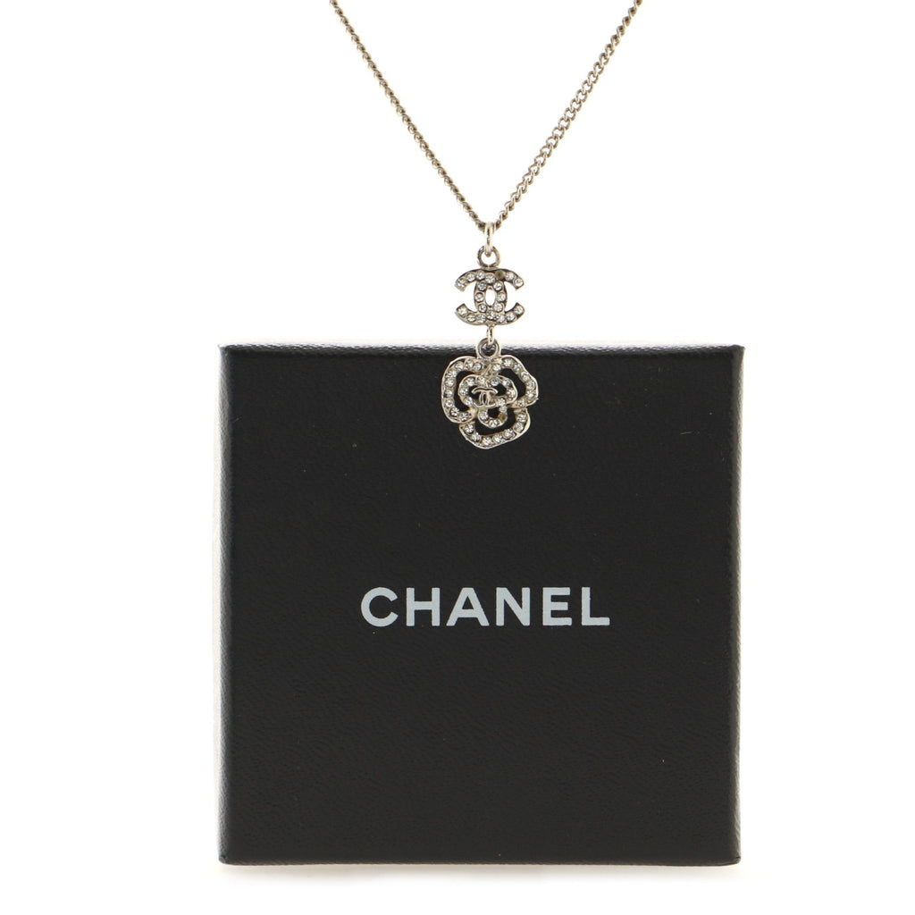 CC Dangling Camellia Pendant Necklace Crystal Embellished Metal